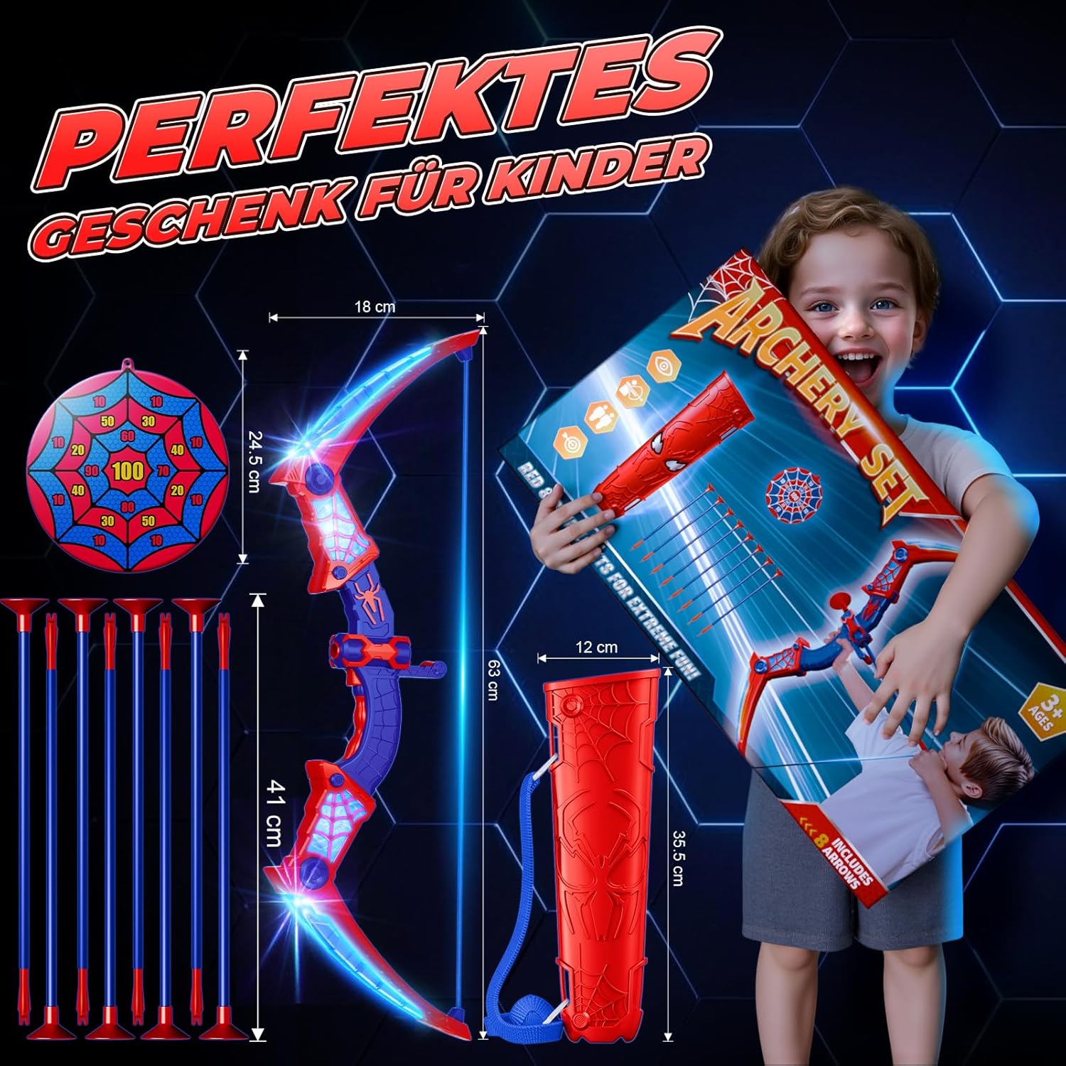 Toy from 3-12 years, boy, arrow bow toy with red and blue LED lights, quiver and net target, gift boy 3-12 years gift ideas, children's toy, garden, outdoor games for children – Bild 7