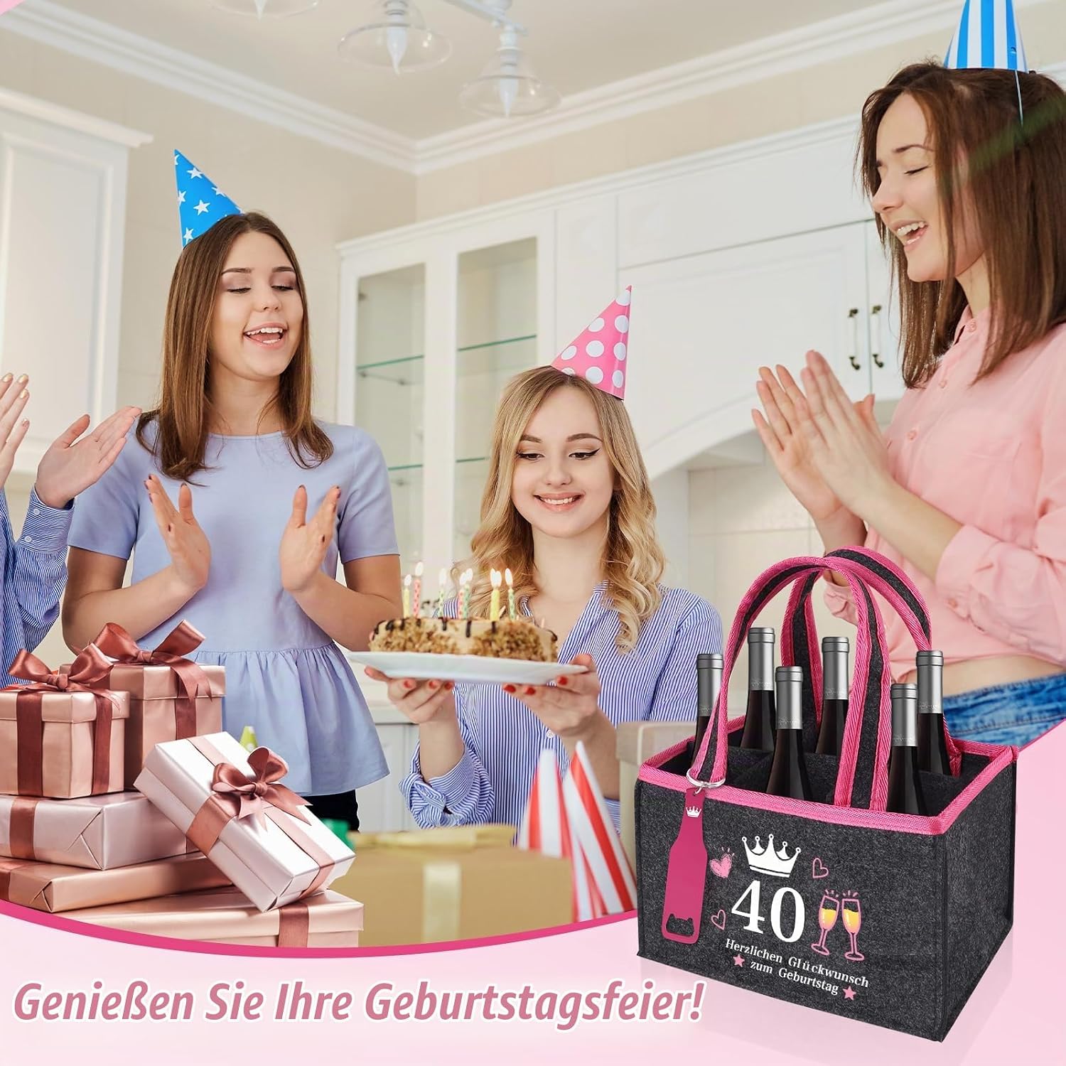 Original Gifts 40th Birthday Beer Woman, Bottle Bag with Bottle Opening and Card, for 6 Beer Bottles, Wine, Reusable Handbag, Happy Birthday for Wife, Girlfriend, Sister, Beer Carrier (40) – Bild 6