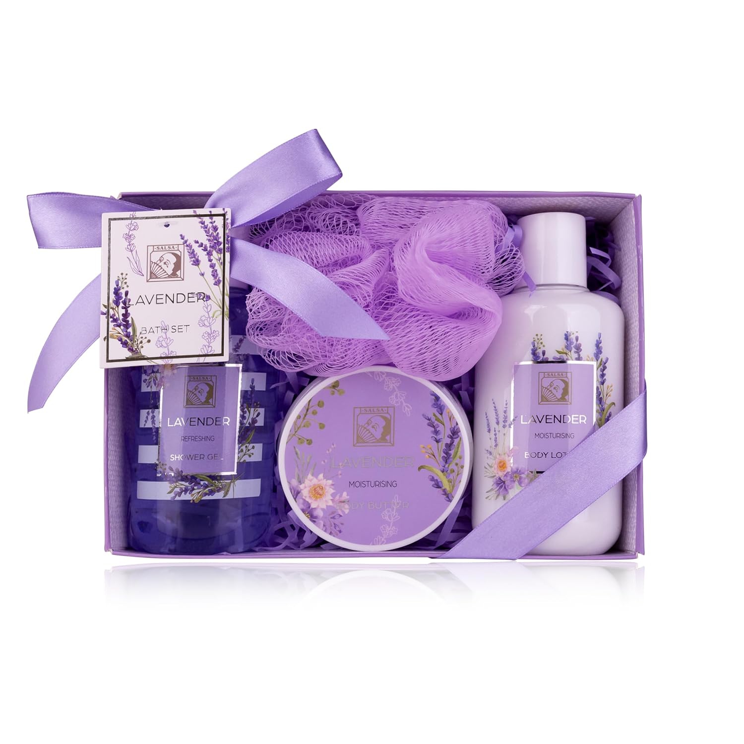 Accentra Shower Set Women Gift Set Lavender in Beautiful Gift Box - 4-Piece Care Set with Shower Gel, Body Lotion, Body Butter and Mesh Sponge - Gift Set for Valentine's Day & Mother's Day