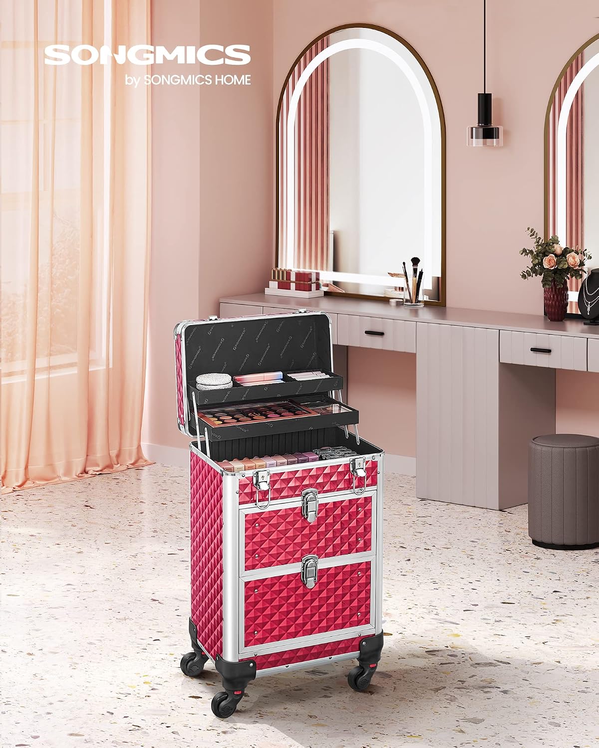 Songmics Make-Up Trolley, Cosmetic Case, Make-up case, Hairdresser’s Case, with 4 Removable, Universal Wheels, Top with 3 levels, Drawers with Slide Rails, Professional, for Travel Red – Bild 2