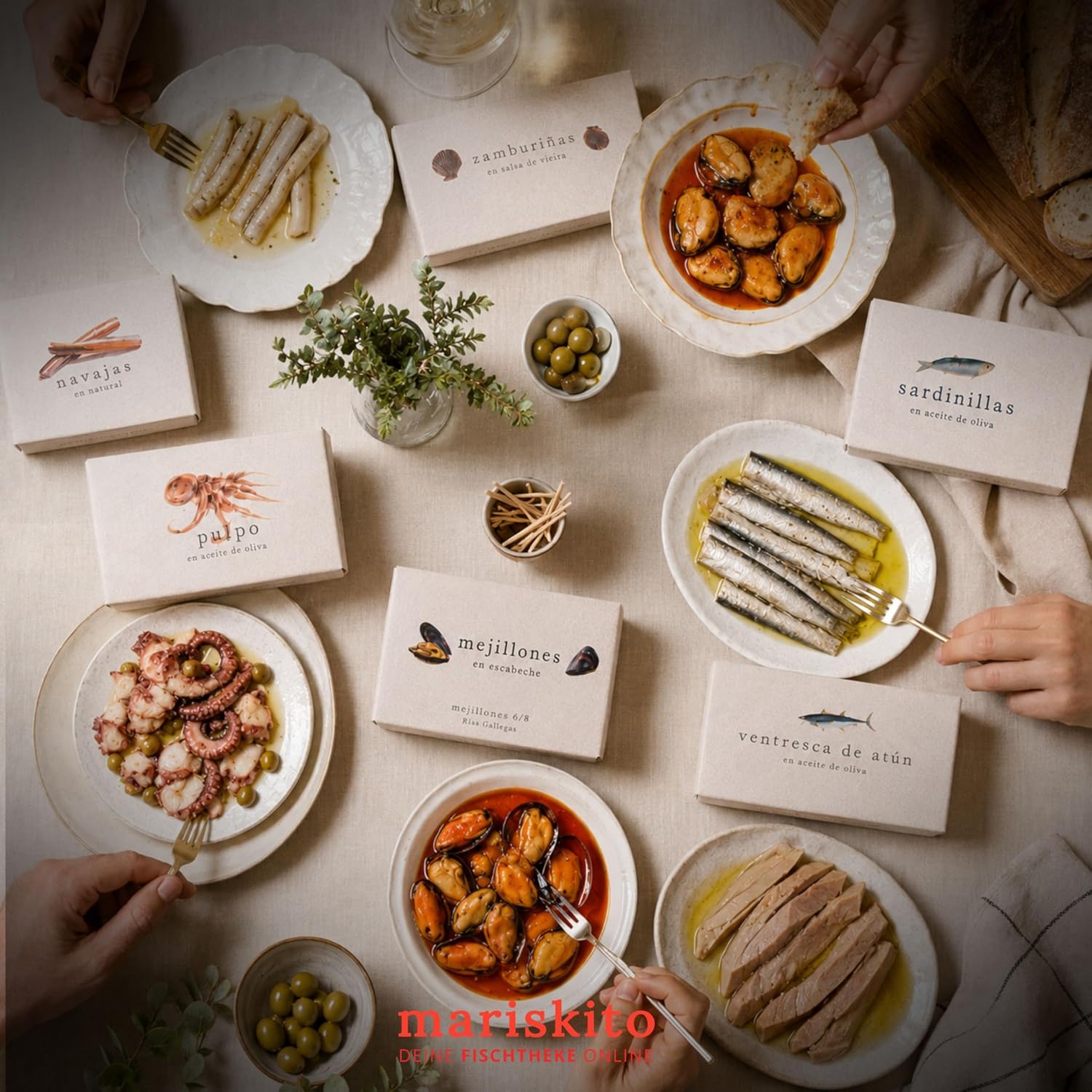 MARISKITO Galician Deli Preserves Set La Mar de Sensaciones - Gift Box 6 Premium Canned Foods - Mussels, Octopus, Ensis, Colourful Scallop, Tuna Belly Fillet, Sardinilla - Delicatessen – Bild 5
