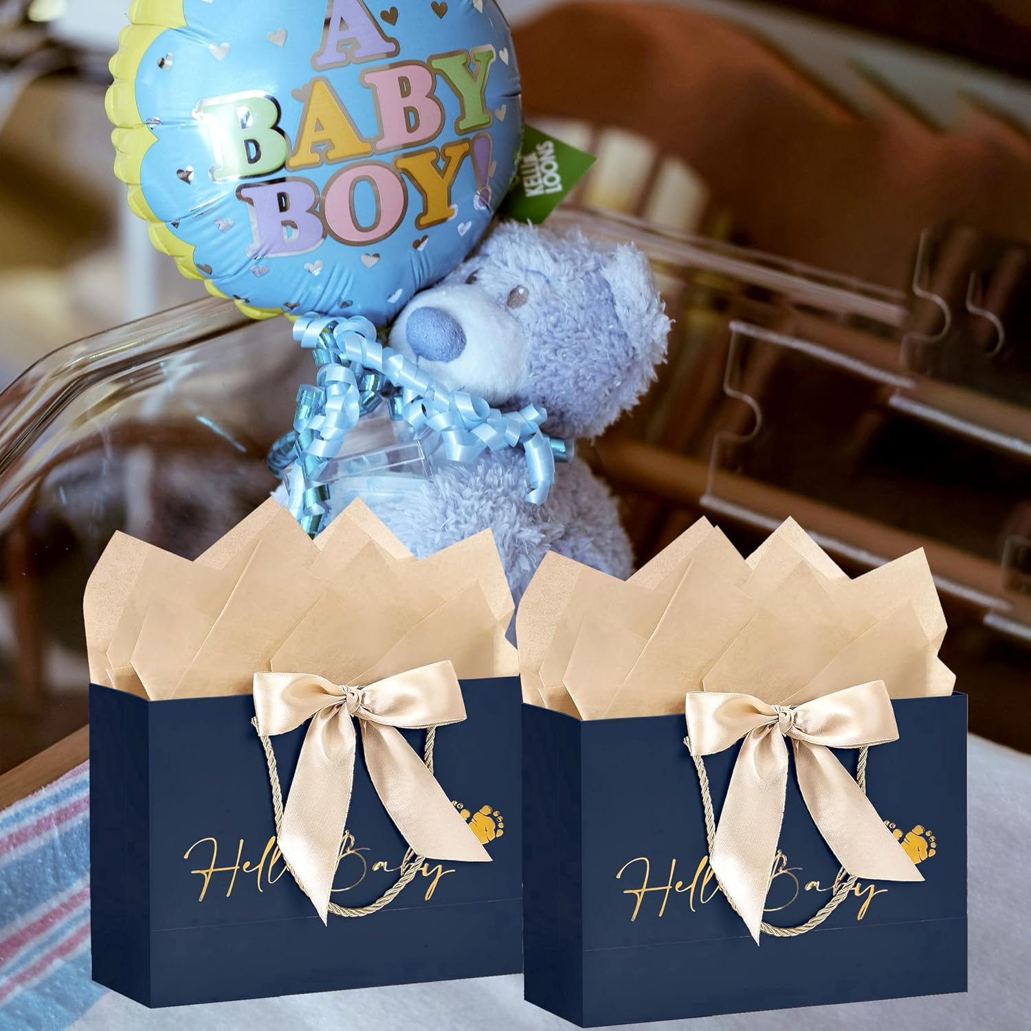 Gift Bag for Birth Large 30 x 25 x 11 cm Baby Shower Gift Bags Paper Gift Bag Black with Golden Bow Hello Baby Feet Sign Baby Shower Bag Paper Bags with Handle for Birth Newborn – Bild 3