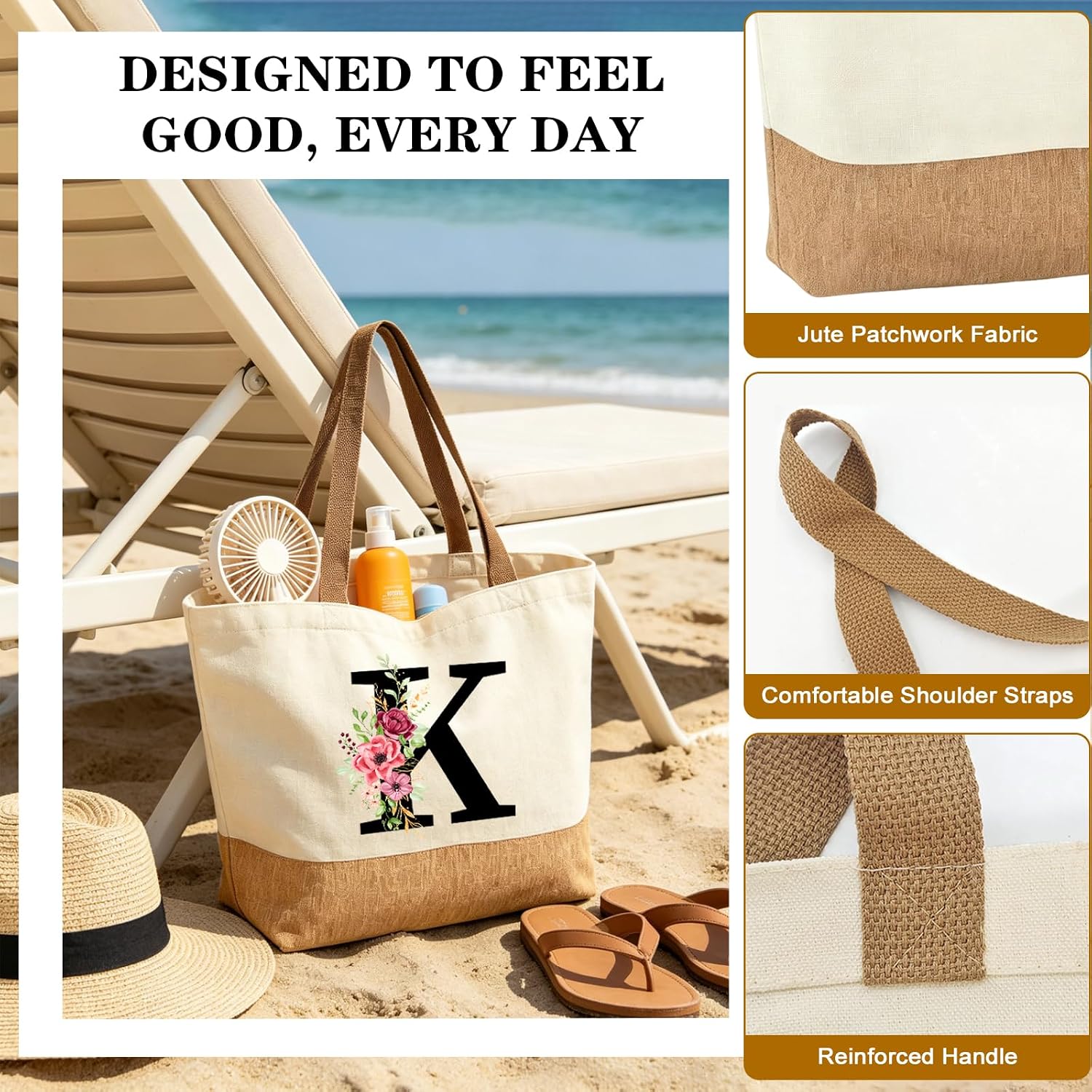 Personalised Initials Jute Bag for Women, Large Beach Bag with Letter and Flowers, Jute Shopper Bag, Women's Fabric Bag, Gifts for Women, Mum, Colleague, Girlfriend for Birthday, Wedding – Bild 5