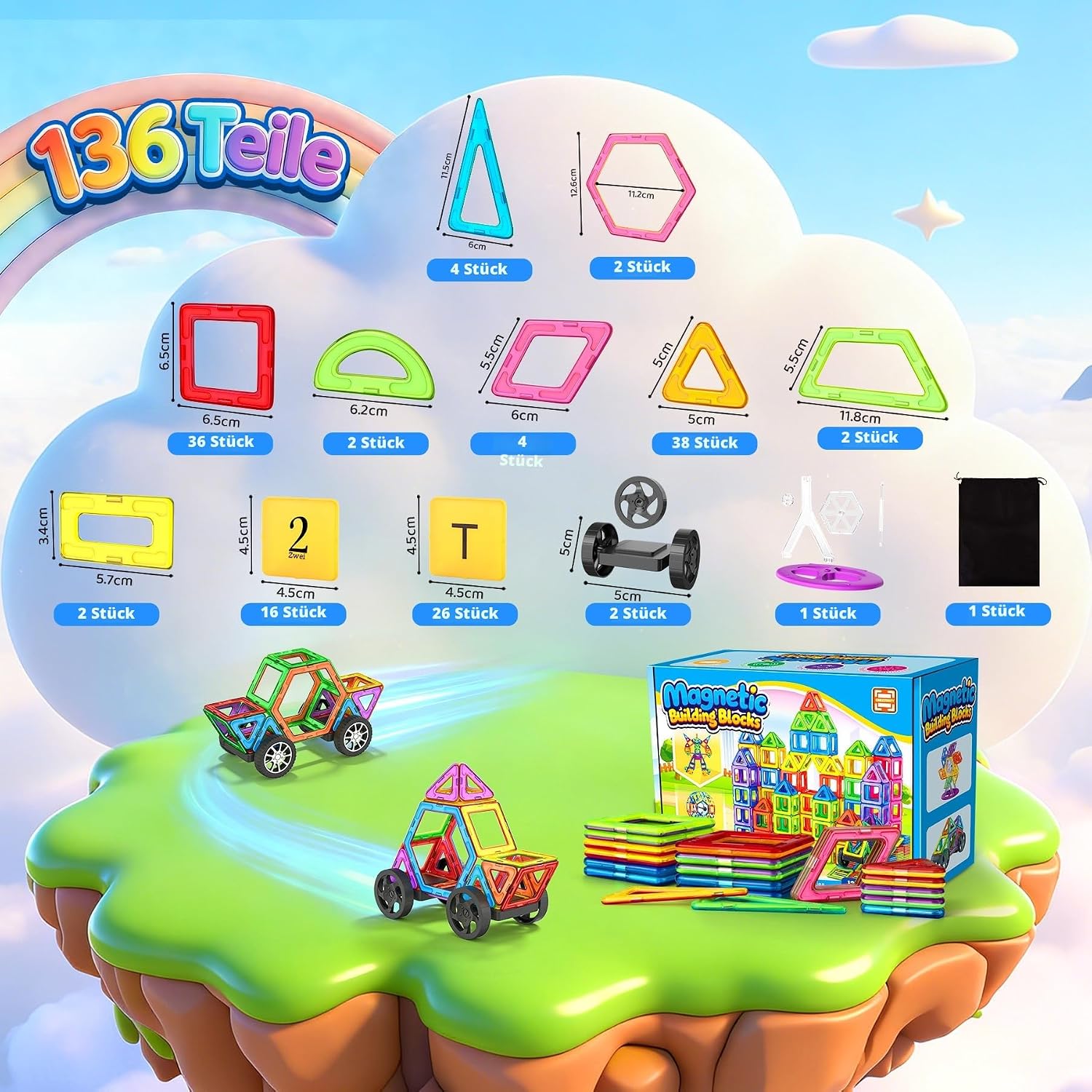 WOOBLO Magnetic Building Blocks for Children, 136 Pieces Magnetic Building – Bild 4