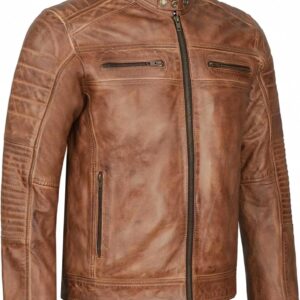 Leatherick Mens Distressed Genuine Leather Biker Jacket Tan Distress Brown