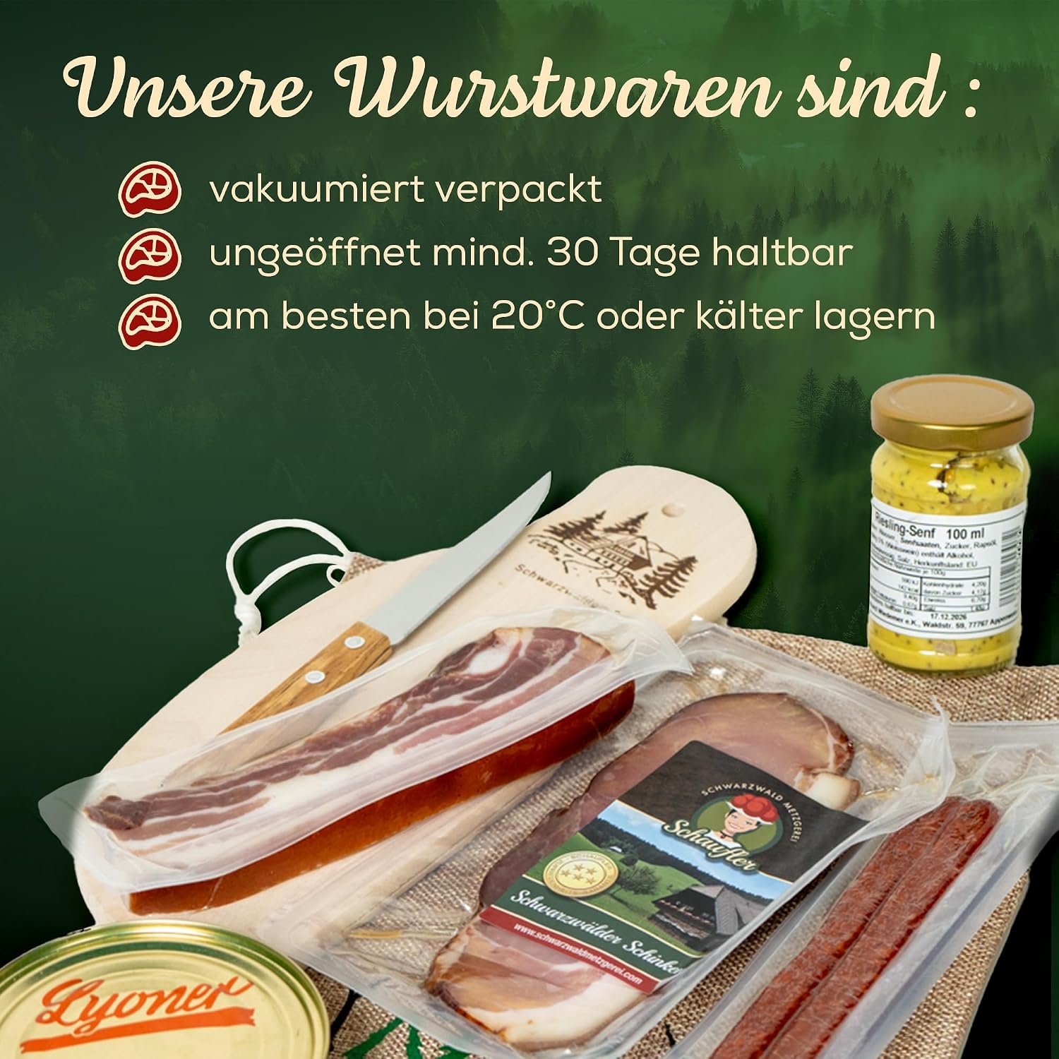 Black Forest Butcher's Board Rustic in Jute Bag Gift Idea Gift Basket with Farmer Sausages, Country Hunter, Mustard 8-Piece Set – Bild 4