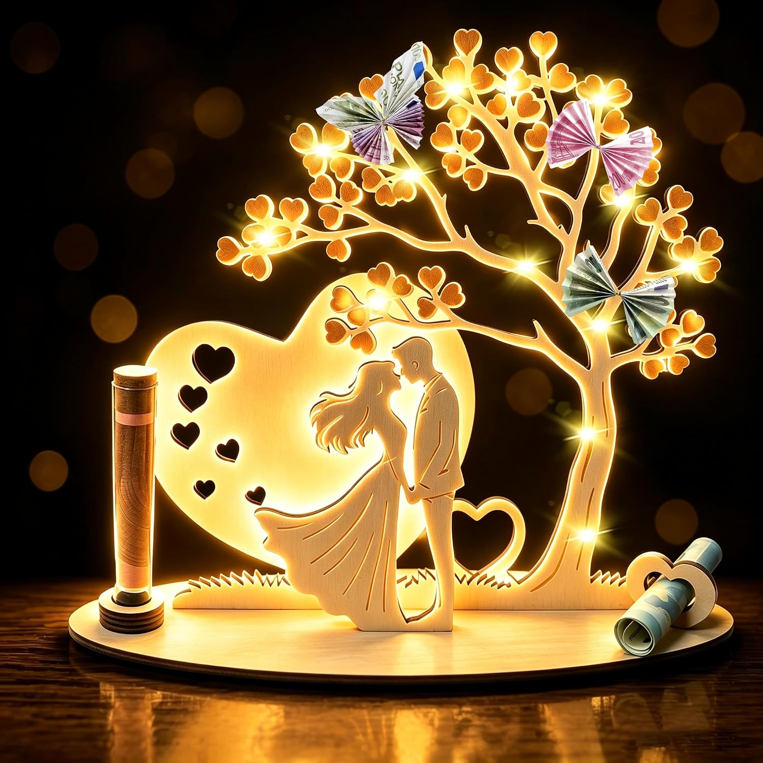 Money Gift Wedding Wooden with LED Fairy Lights, Wedding Gifts for Bride and Groom, Money Packaging, Heart-Shaped Romantic Gift for Wedding, Anniversary, Bride and Groom, Anniversary Gift for Him Her