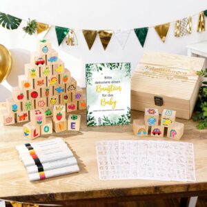 Pack of 95 Baby Shower Games Building Kit, Building Blocks Painting Baby Shower, Wooden Creativity Baby Shower Games with Wooden Blocks, Pens and Stencils for Baby Shower Party Boys and Girls