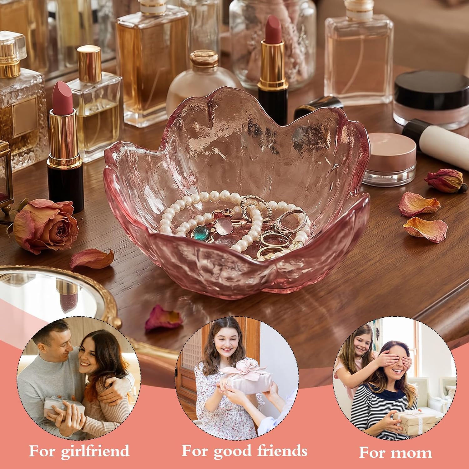 Bremorou Jewellery Tray with Pink Flower Jewellery Tray Cute Dressing Table Organiser Ring Holder Jewellery Tray for Aesthetic Room Decoration Bedside Table (8 x 8 x 3.5 cm) – Bild 7