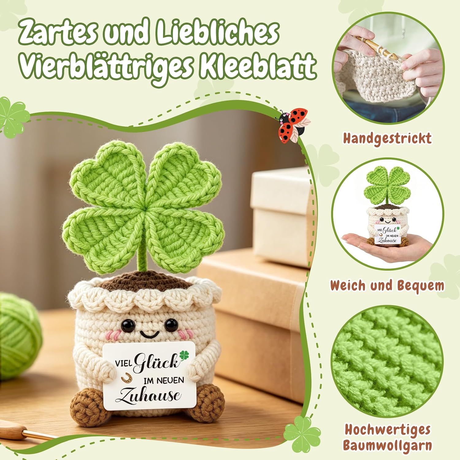 Housewarming Gifts Apartment, 2026 Housewarming Gift Home - Lucky Charm Knitted Four Leaf Housewarming Gifts House Gift New Apartment for Friend Colleague – Bild 5