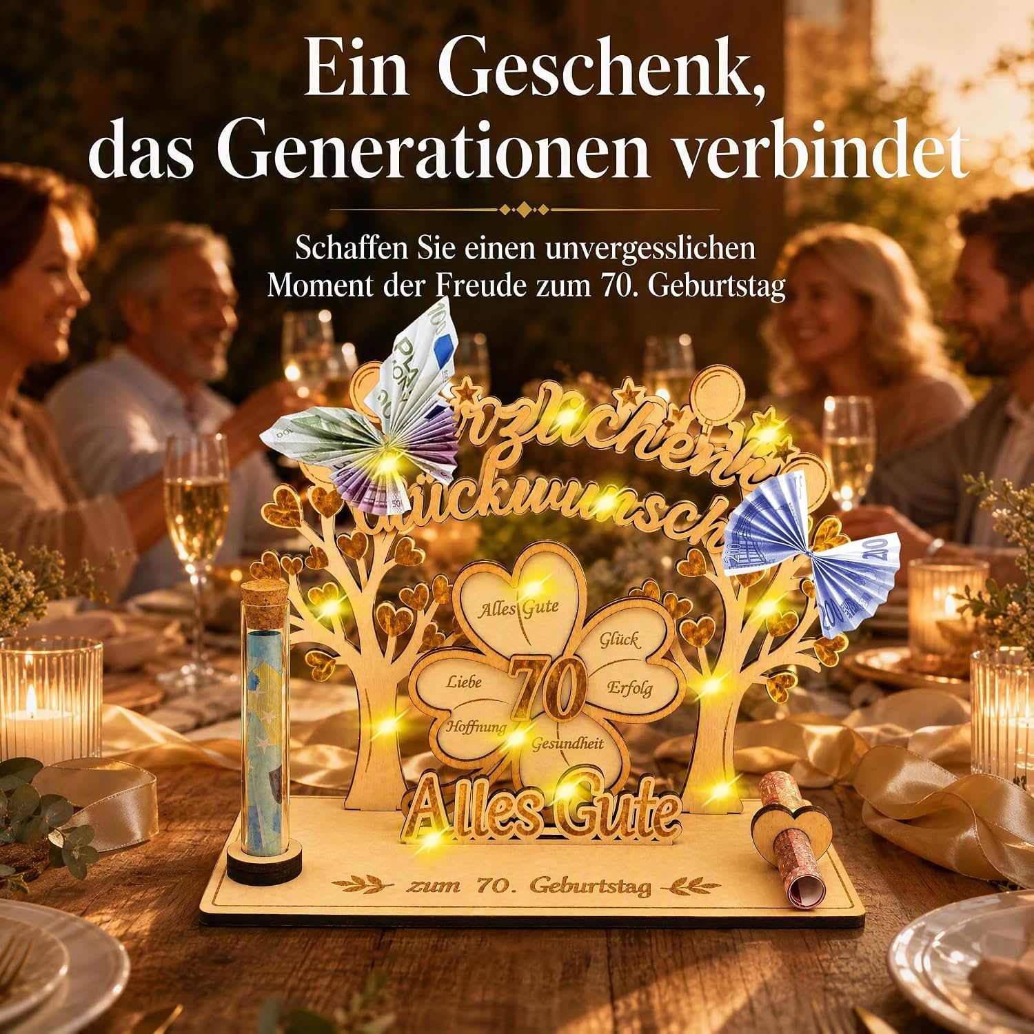 70th Birthday Money Gift for Men and Women, 3D Clover Leaf Wood with LED – Bild 4