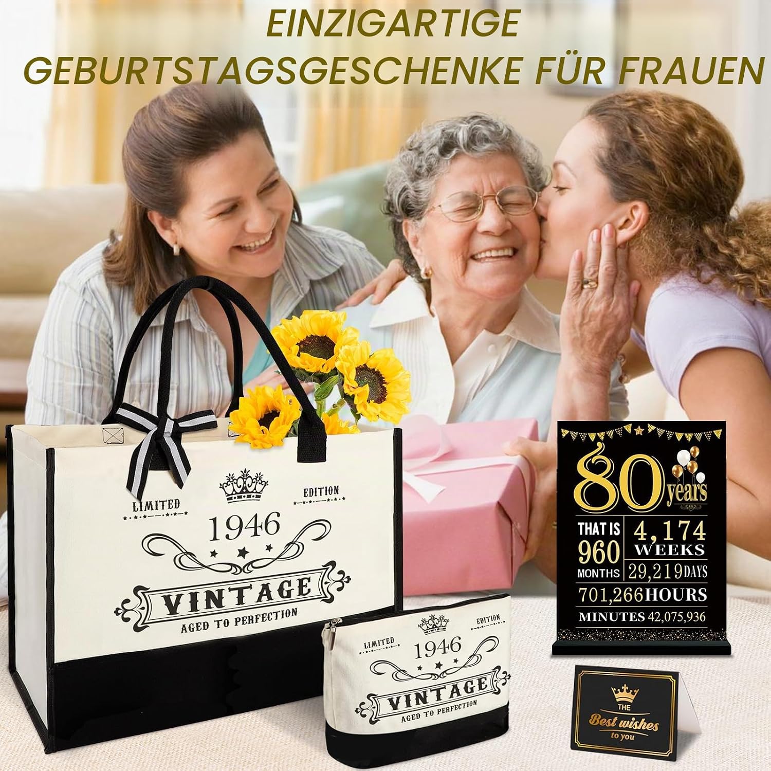 80th Birthday Gift for Women Vintage 1946 Tote Bag Makeup Bag – Bild 7