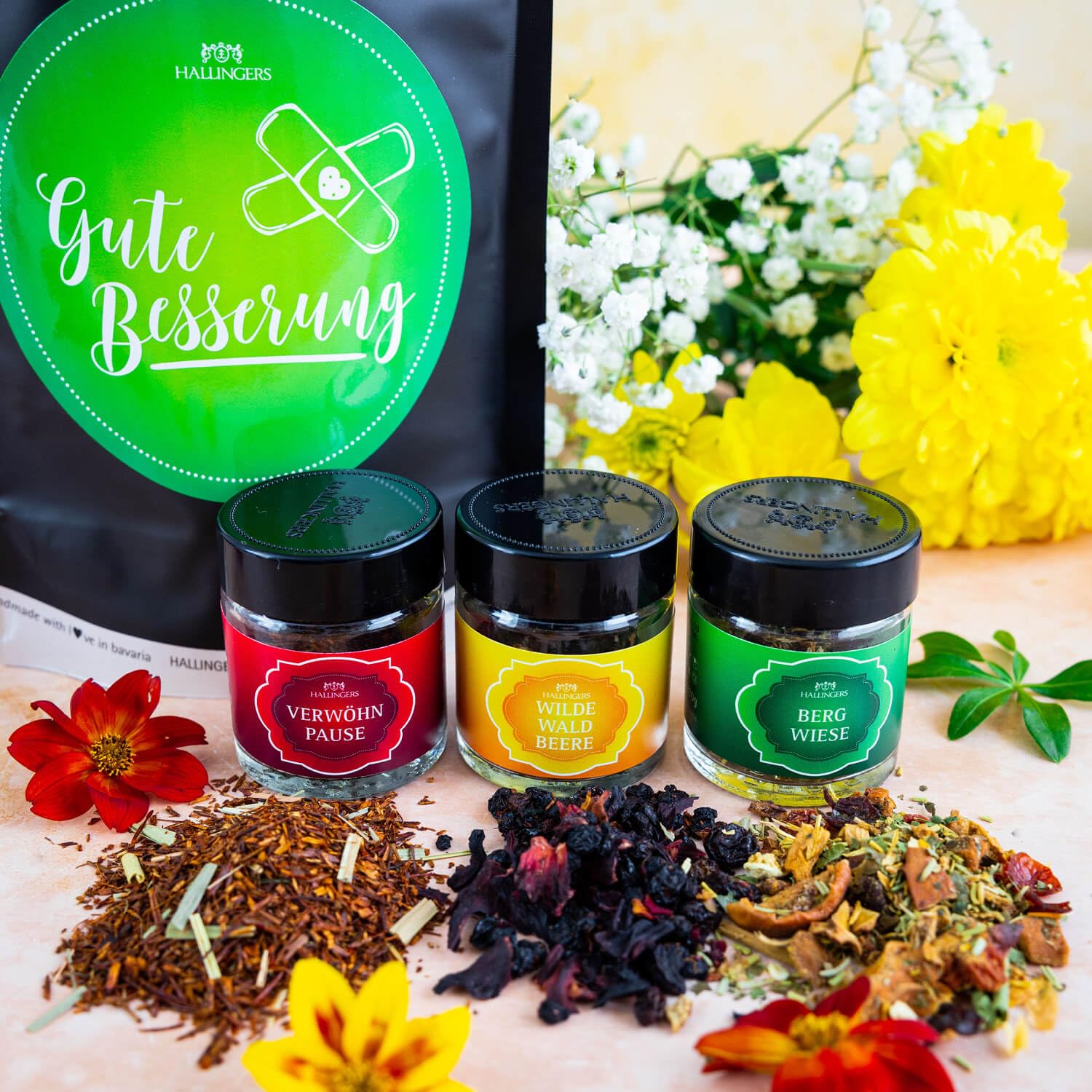 Hallingers Genuss Manufaktur Delicatessen Gift Set – Quality in the Wonder Bag "Get Well Soon", Small Convalescence Greeting with 3 Teas Herbal Tea, Fruit Tea & Roibuschtea, Gift Idea for Men and Women – Bild 2