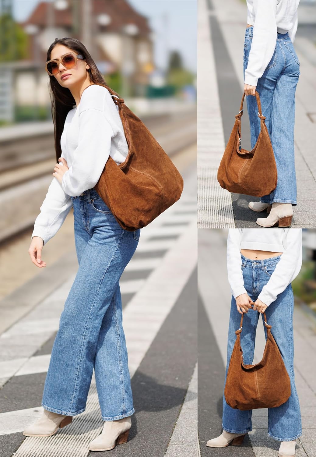 Caspar Large Women's Vintage Suede Bag Velvet Soft Leather Shoulder Bag - Classic Line - Model No. 617 - Made in Italy – Bild 2