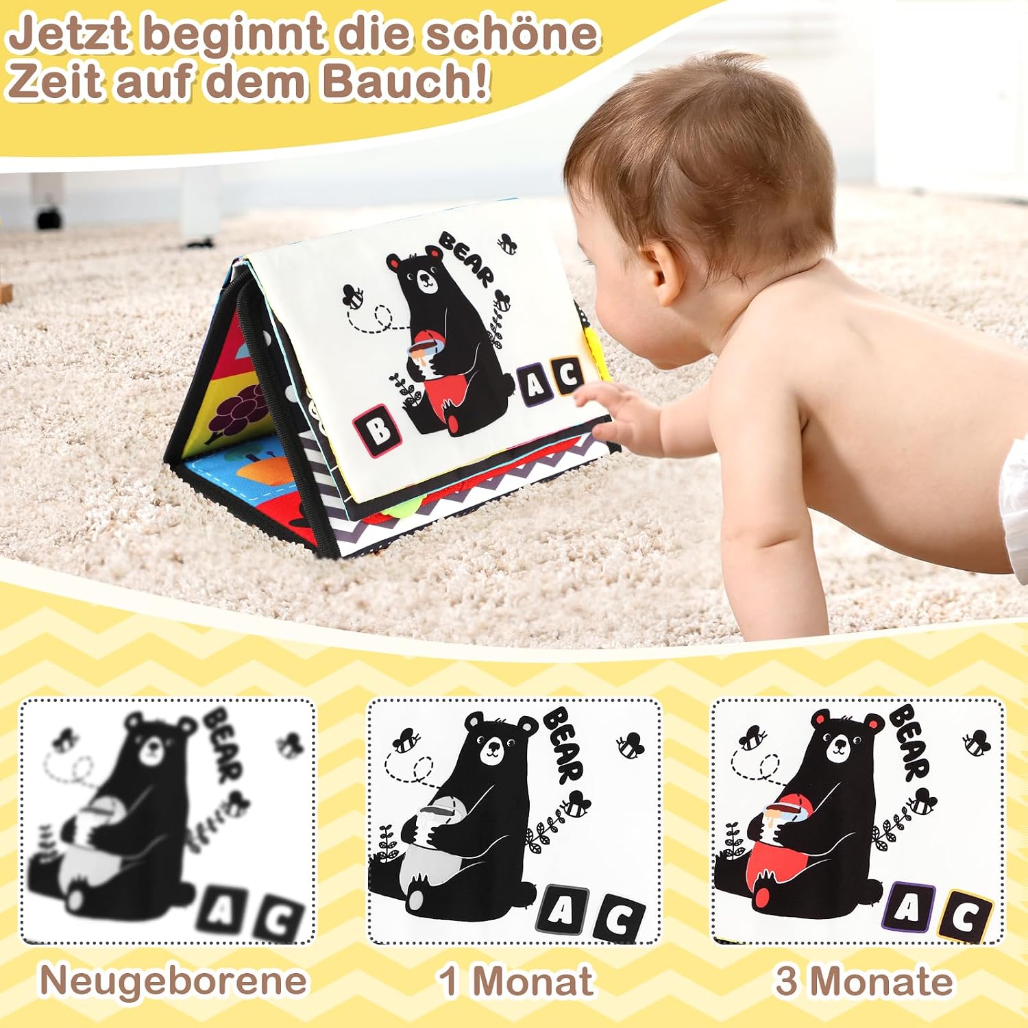 URMYWO Baby Toy from 3 Months, Baby Mirror with Crinkle Book, Black and White Belly Position Toy Baby 0 3 6 9 Months Contrast Book Gift for Newborn Christmas Boys Girls – Bild 3