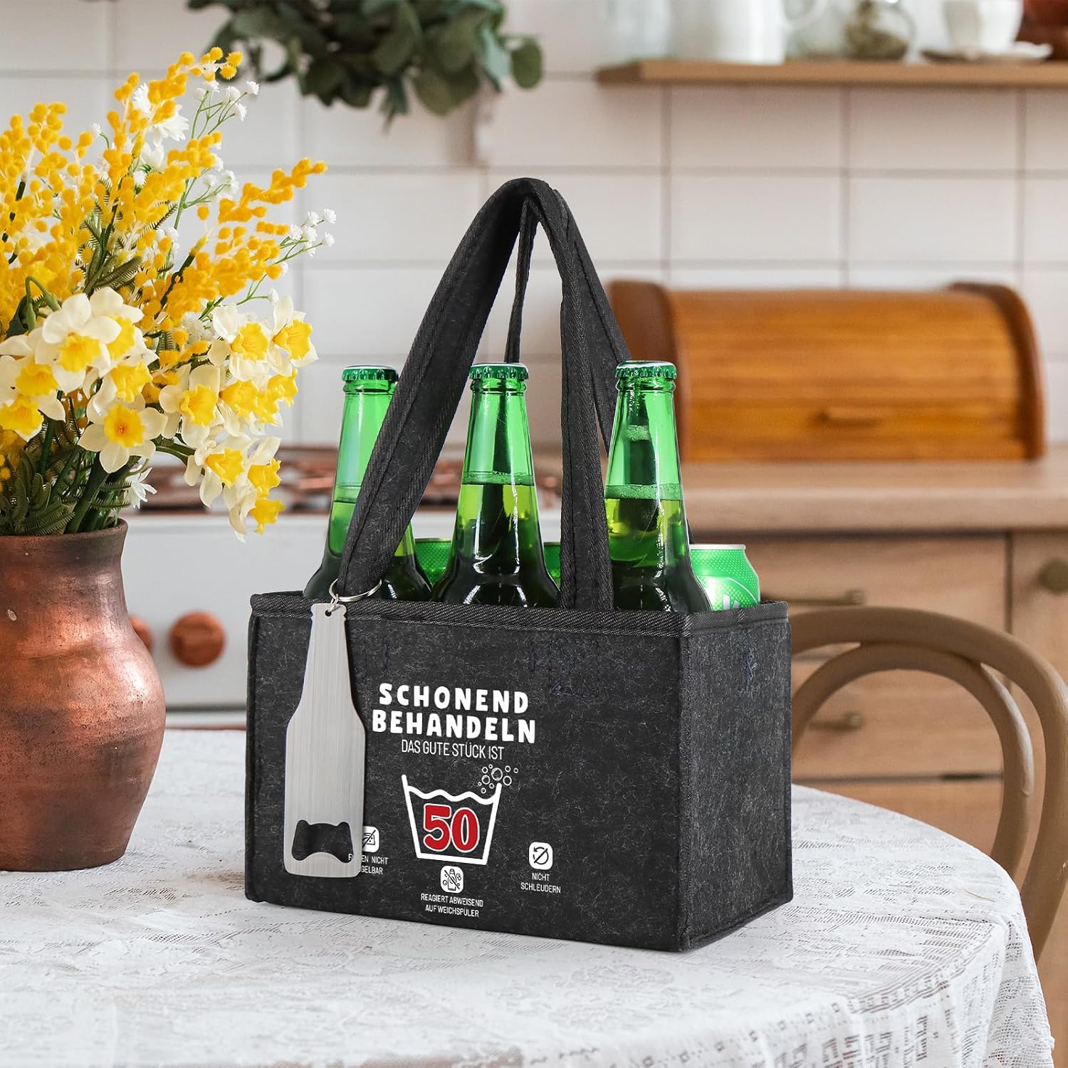 WenmthG Gentle Treat 50 Funny Gifts Birthday Men's Handbag Beer with Bottle Opener and Greeting Cards for Men Women Boyfriend Men's Handbag Beer Bottle Carrier for 6 Beer Bottles – Bild 3