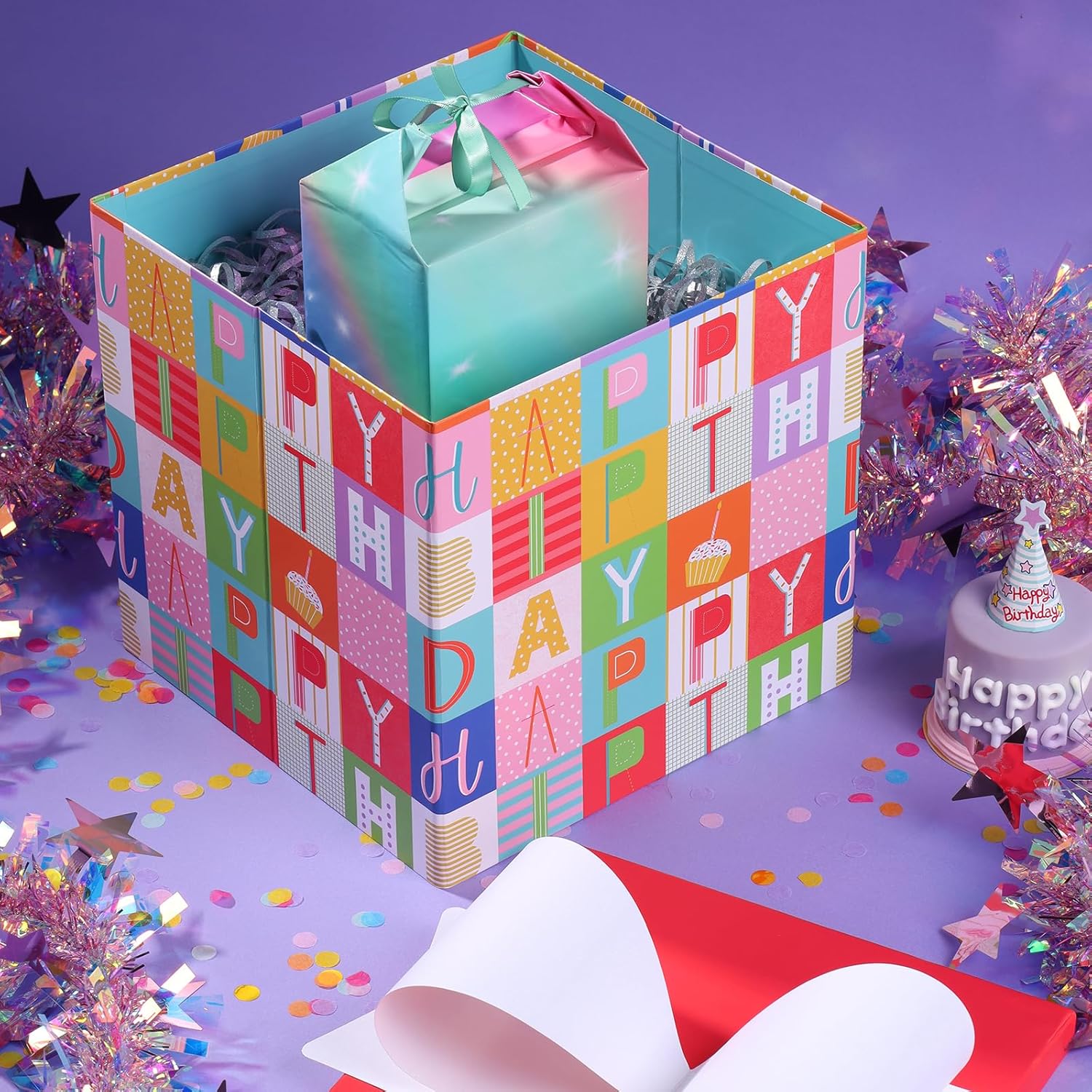 BIOBROWN Medium Gift Boxes with Lids 22 x 22 x 22 cm Colourful Block Design Foldable Ideal for Birthdays, Baby Showers and Other Celebrations – Bild 4