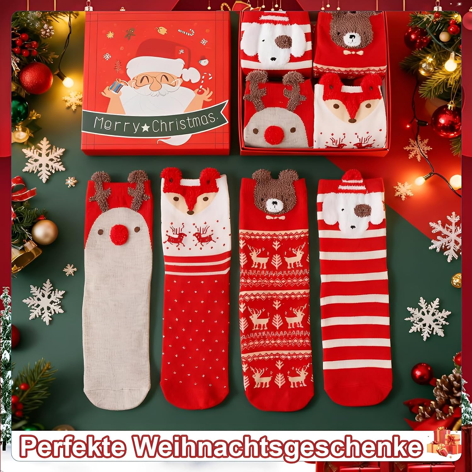 Scinzene 4 Pairs of Women's Christmas Socks with Gift Box, Cuddly Socks Christmas 39-42, Cute Animal Motifs Christmas Socks, Christmas Socks, Santa Gifts & Christmas Gifts for Women – Bild 3