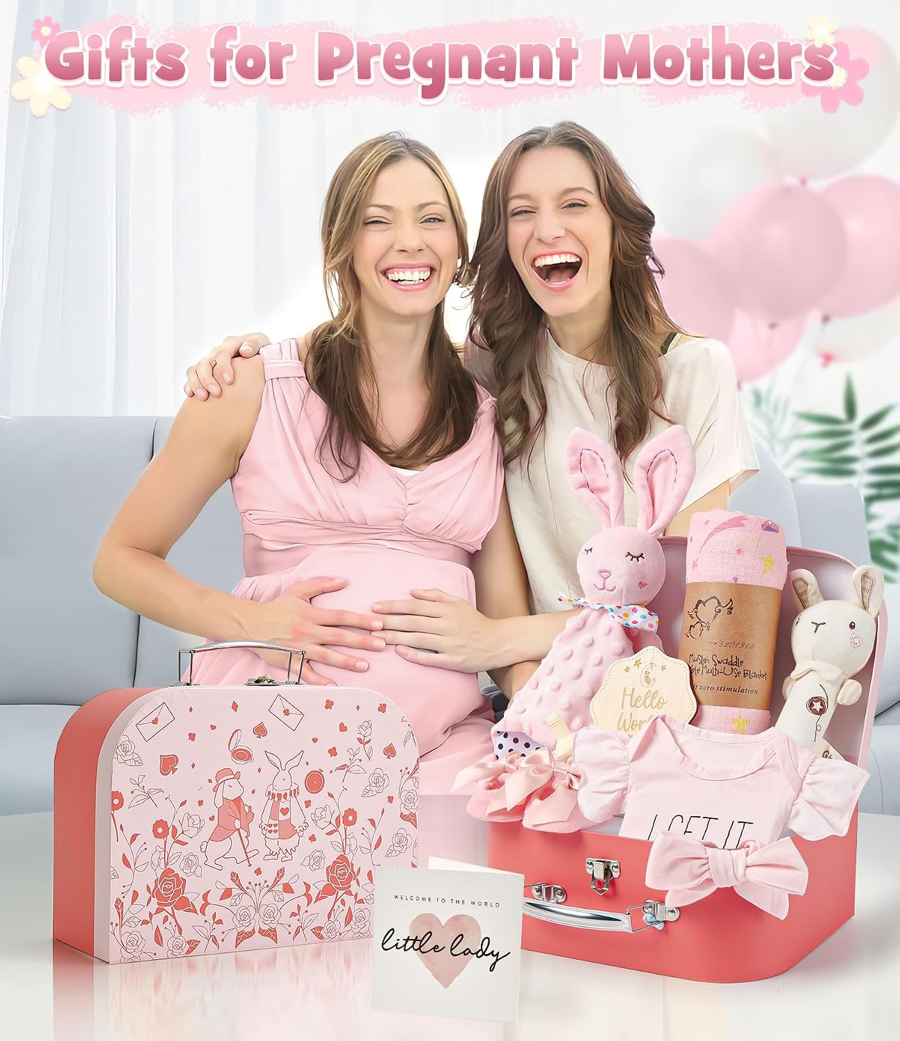 Baby Gift Boys Girls Newborn Gifts for Birth with Comforter Blanket / Baby Romper / Socks / Muslin Blanket / Rattle Nappy Cake Gift Box Baby Shower Party Gender Reveal Gift (Pink) – Bild 7