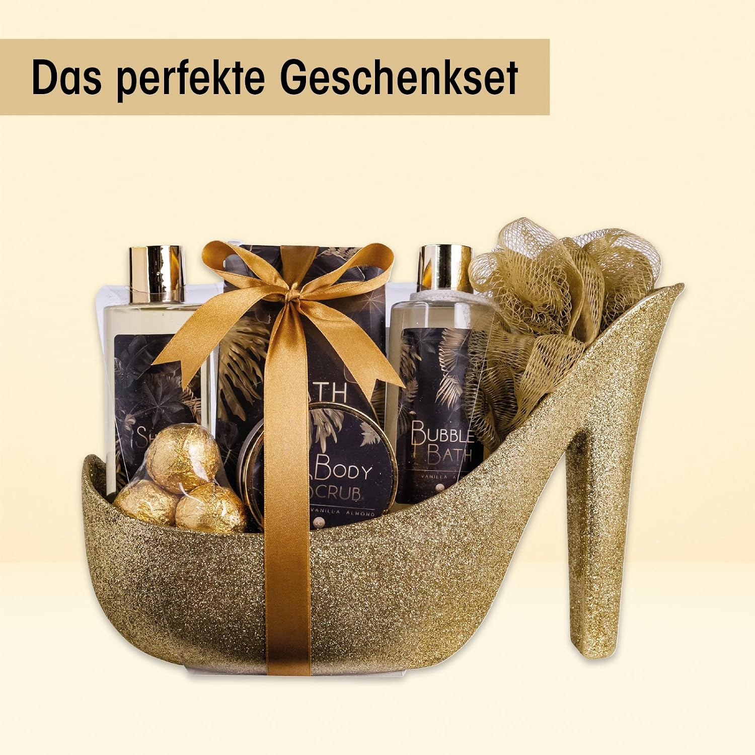 Accentra Luxury Bath Set in Glitter Pump in Gold with Vanilla Almond – Bild 2
