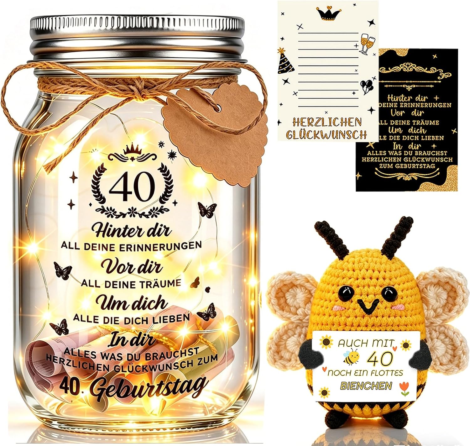 Johiux LED Bottle Light with Positive Potato Bee for 40th Birthday Woman Man Pocket Hug Positive Lucky Charm Bee Birthday Card Funny Money Gifts 40th Birthday