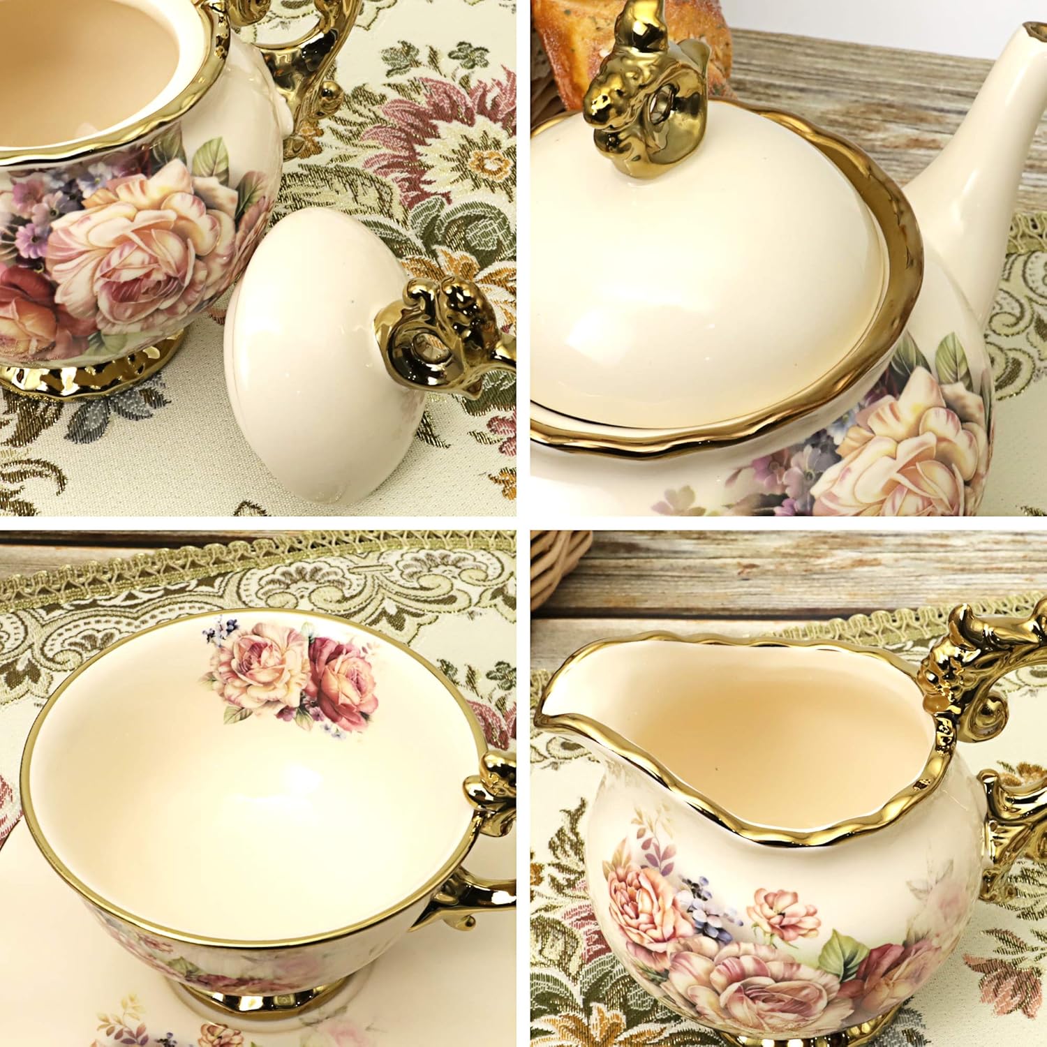 fanquare 15 Pieces Rose Flowers English Ceramic Tea Sets, Vintage China Coffee Set, Tea Service for Adults – Bild 3