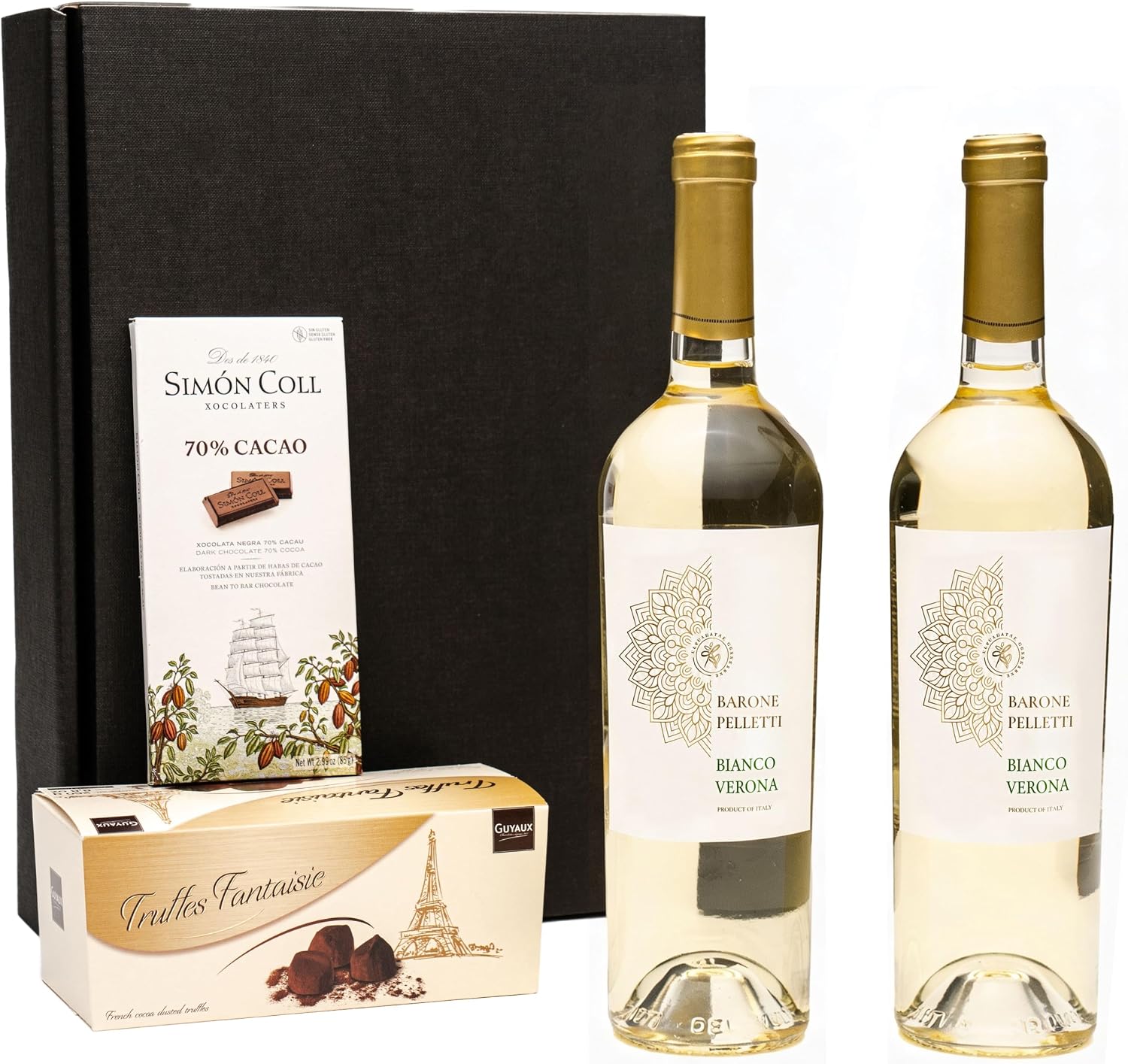 Gift Set 2 x White Wine from Italy (Bianco di Verona Barone Pelletti IGT) with Chocolate Truffles and Dark Chocolate, for Men and Women for Birthday, Wedding, Christmas