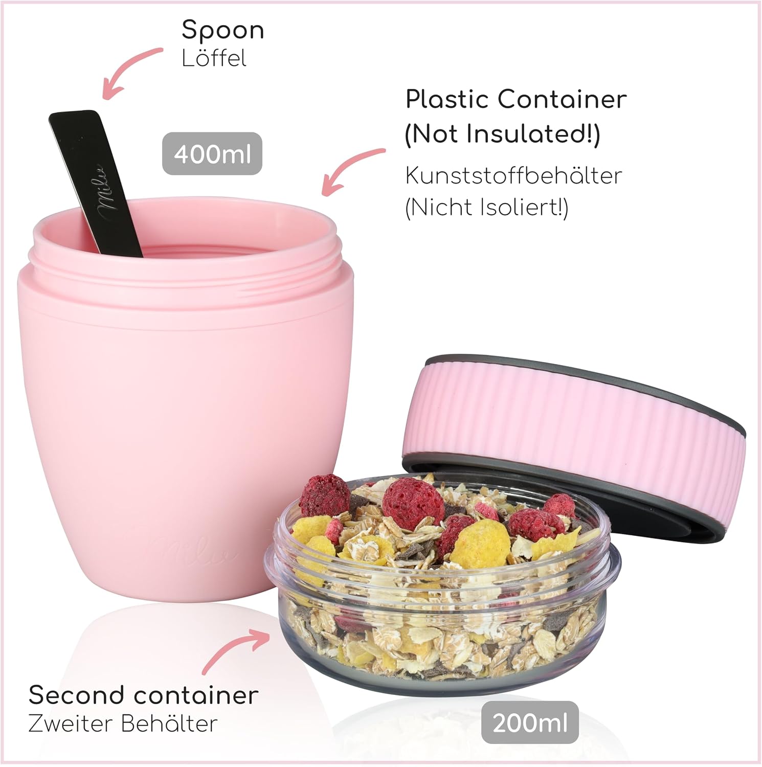 Milu Cereal Cup to Go, 400 ml, MüsliMax, Plastic Yoghurt Cup for Cereal, Leak-Proof Cup with Spoon for Yoghurt/Porridge (Pink) – Bild 4