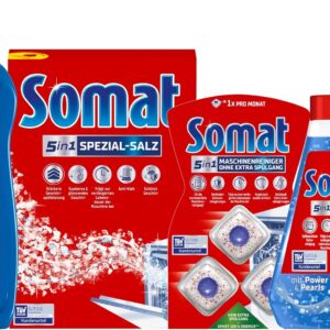 SOMAT 5-in-1 Dishwasher Set, Rinse Aid 750 ml + Machine Cleaner Tabs 3 Pieces + Intensive Machine Cleaner 250 ml + Special Salt