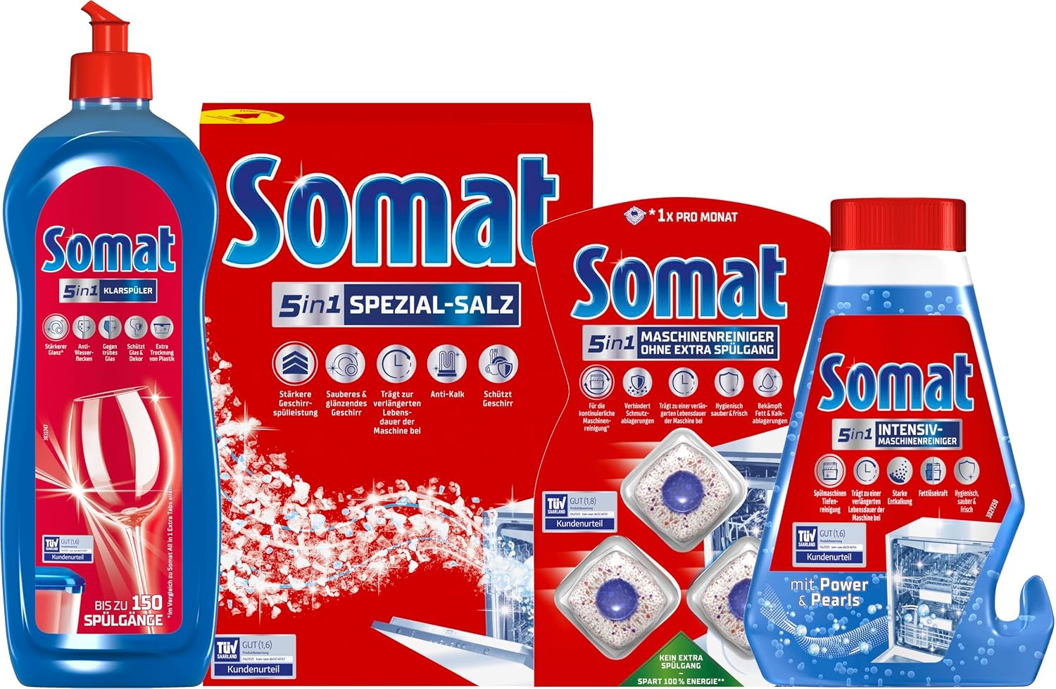 SOMAT 5-in-1 Dishwasher Set, Rinse Aid 750 ml + Machine Cleaner Tabs 3 Pieces + Intensive Machine Cleaner 250 ml + Special Salt