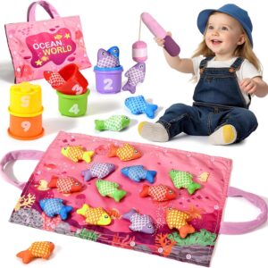 Baby Toy from 1 2 Years, Pink Fishing Game for Children 6 9 12 18 Months, Educational Games, Motor Skills Toy, Montessori Toy, Fish Fishing Game – Christmas and Easter Gift for Girls