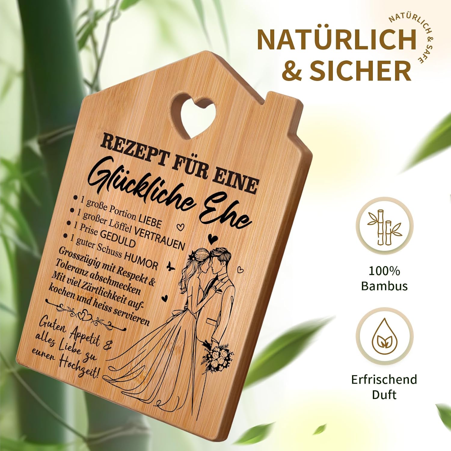Wedding Gifts for Bride and Groom - Bamboo Chopping Board with Saying, Wedding Gift, Recipe for a Happy Marriage – Bild 6