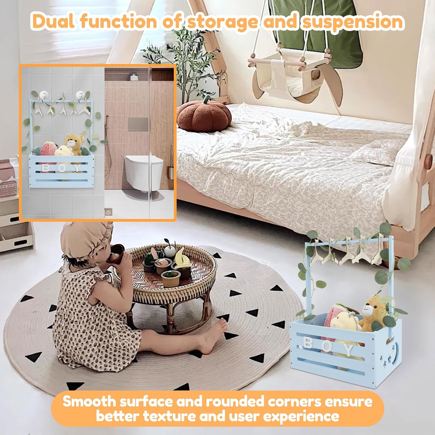 Baby Basket with Handle, Wooden Baby Shower Cupboard, Practical Wooden Box for Baby Shower with Pole, Cabinet for Baby Shower Boxes, Wooden Laundry Basket, Children's Wooden Baby Shower Gift (Blue) – Bild 5