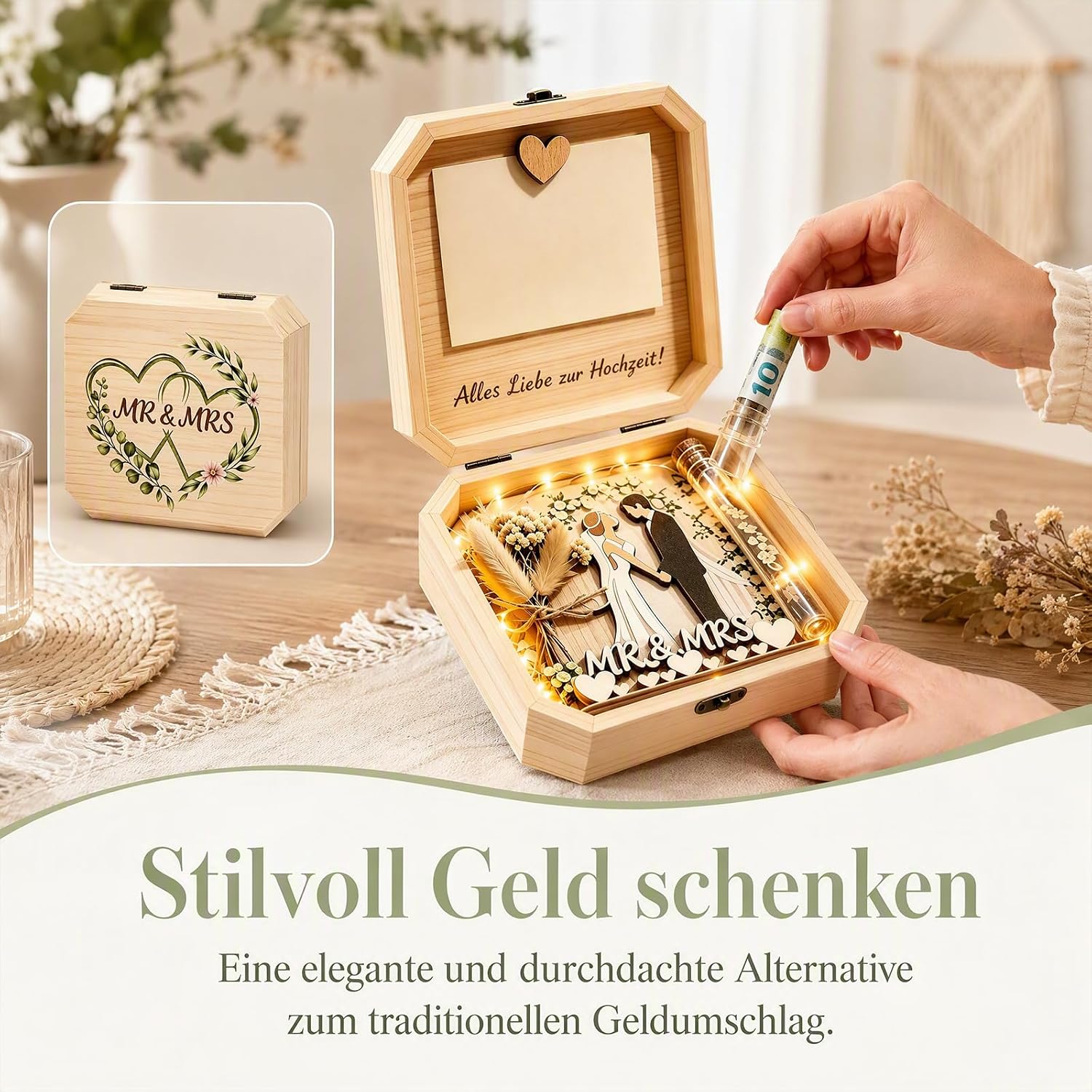 Money Gift Wedding Wooden Gift Box with LED Fairy Lights, Wedding Gifts for Bride and Groom, Wedding Card, Romantic Wedding Gift Packaging, Decorative Gift Box, Wedding – Bild 6