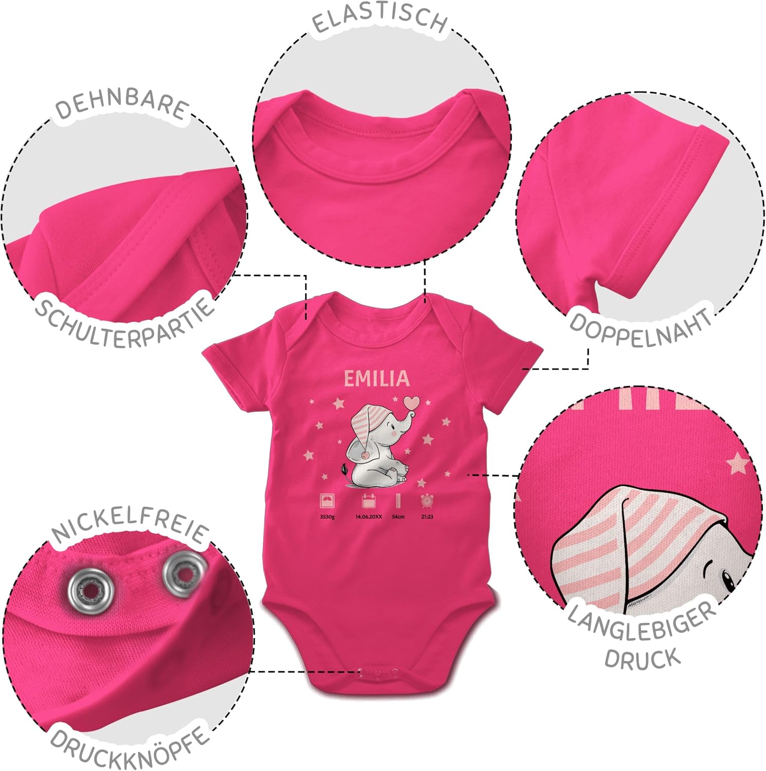 Geschenk mit Namen personalisiert by Shirtracer - Baby Bodysuit Boy Girl Elephant Birth Date Gift for Birth – Bild 3