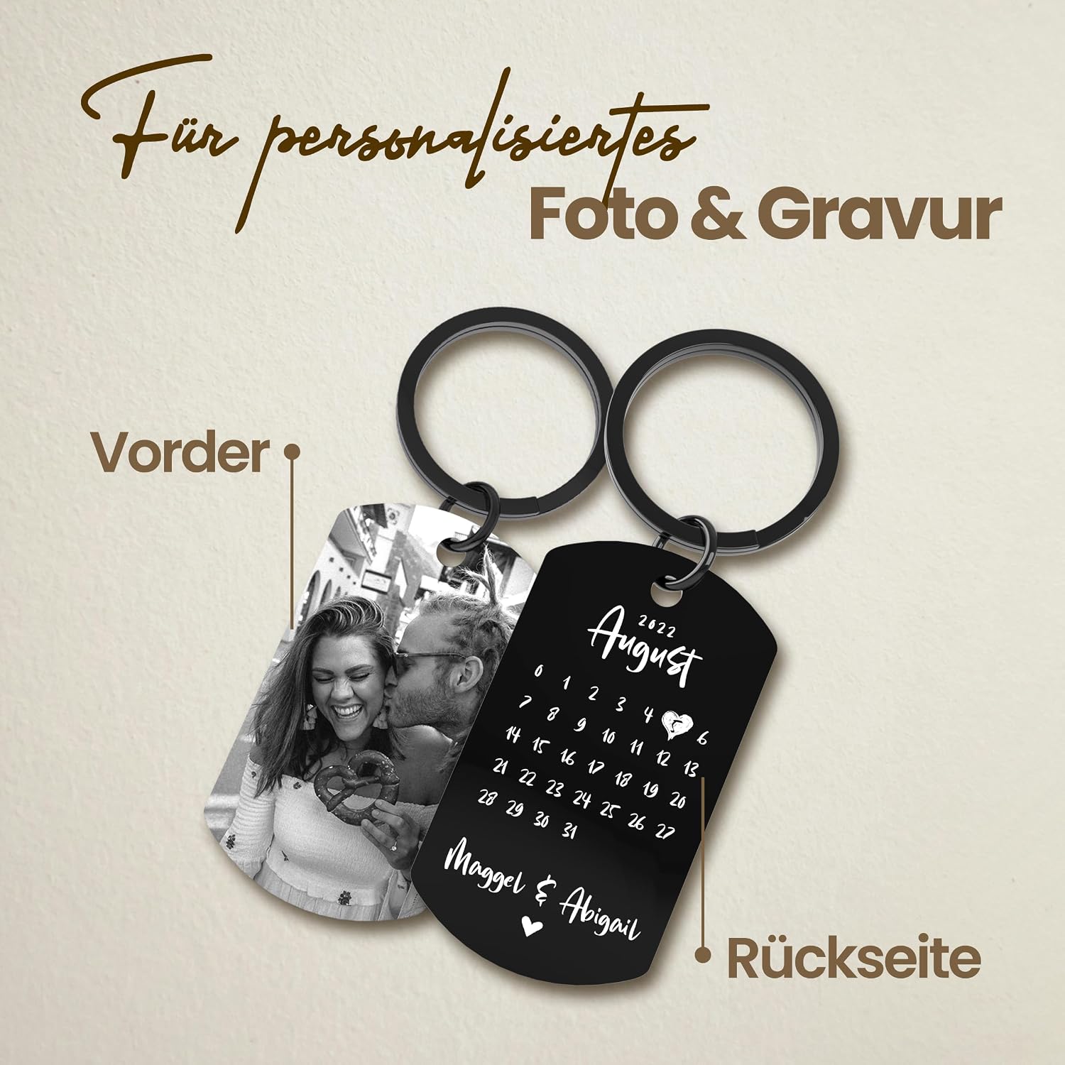 Meinearmbänder Personalised Stainless Steel Keyring with Black/White Picture and Date - Valentine's Day & Anniversary Gift for Him & Her - Partner Gifts - Personalised Gifts – Bild 3