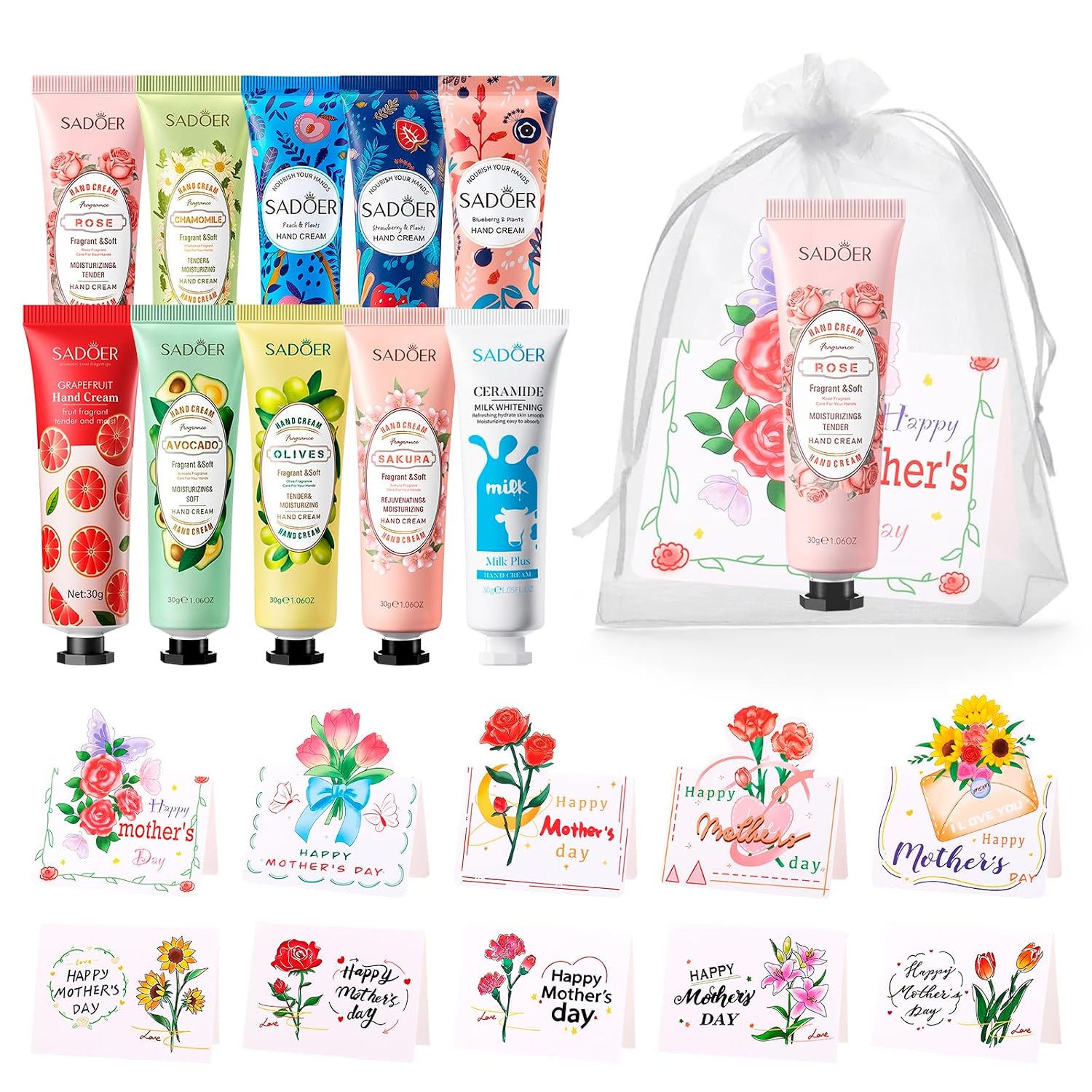 30-Piece Hand Cream Set Mother's Day Gifts for Mum - 10 Fragrances Hand Care with Greeting Cards & Bag - Gifts for Mother's Day & Best Mum Set Women Thank You Package