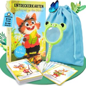 50 Explorer Cards for Children with Magnifying Glass, Outdoor Search Game for Children, Outdoor Games for Outdoors, Educational Game from 4, 5, 6, 7, 8 Years, Treasure Hunt, Travel Games