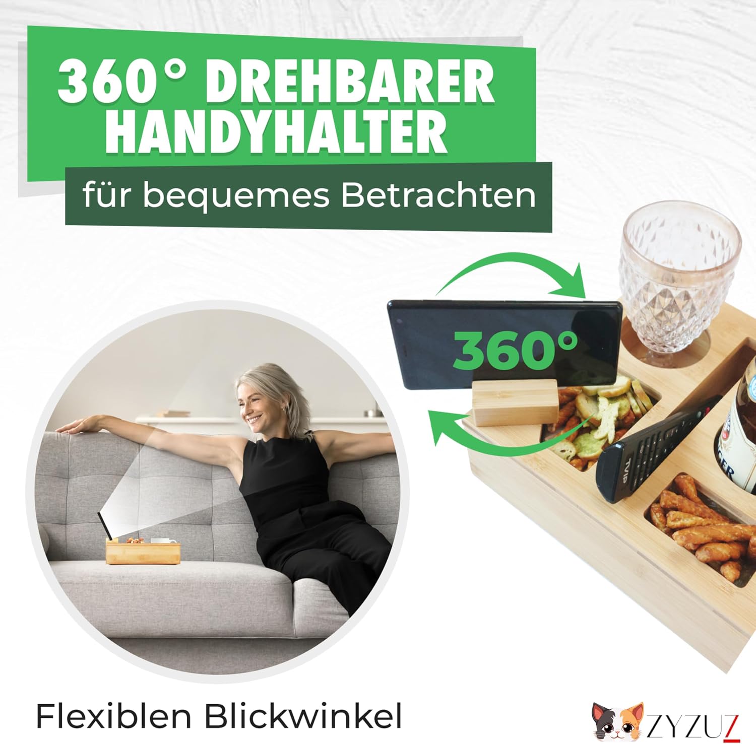 Couch Bar Snack Box Sofa Tray with Gift Box - Compact Couch Bar Snack Bar Butler Made of High-Quality Bamboo Wood - 360° Mobile Phone Holder - Men's Gifts - Beer Gifts for Men – Bild 3