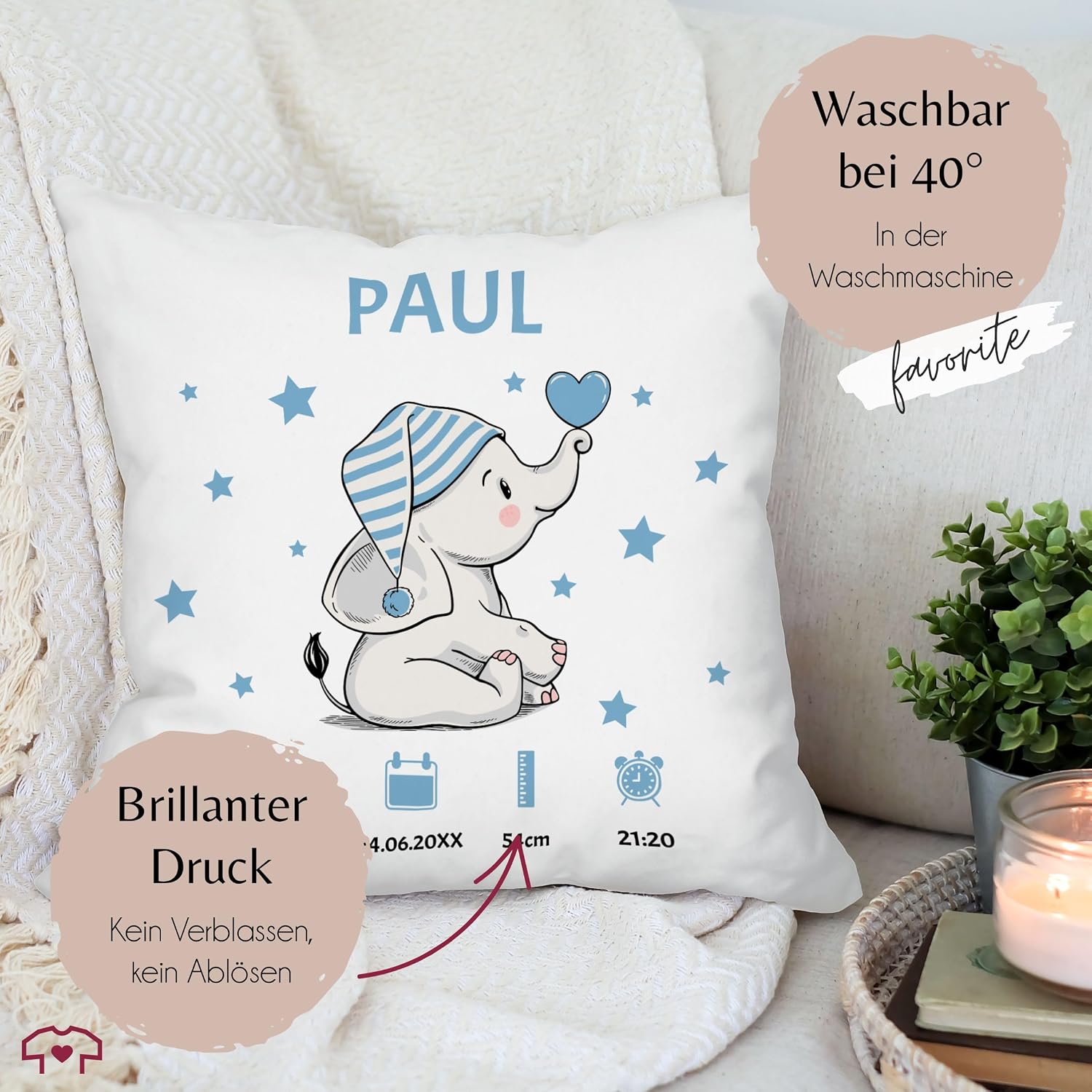 Cushion 40 x 40 cm Decorative Cushion - Elephant Birth Data with Name Personalised I Gift for Birth - 40 x 40 cm - White - Personalised Baby Gift Birth Gift and Weight – Bild 6