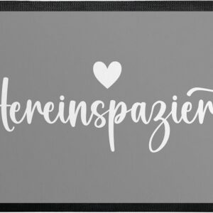 Doormat Grey „Hereinspaziert“ – Heart – for Indoor and Outdoor Use – Non-Slip, Extra Thin & Absorbent – Door Mat – Entrance Area Decoration – Gift for Friends and Family for Any Occasion, 50 x 75 cm