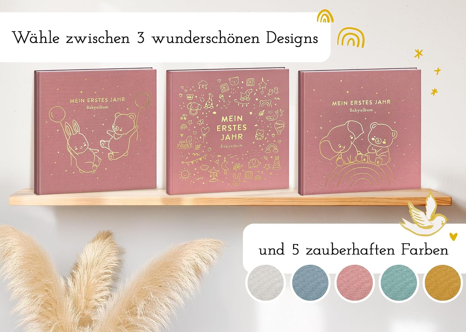 My First Year Baby Album - High-Quality Linen Book with Gold Embossing for the Most Beautiful Memories - Baby Book to Enter for the First Year of Life - Baby Gift for Birth (Toy Rose) – Bild 6