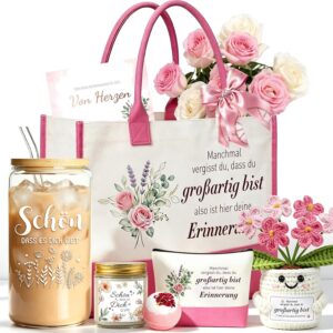 Gifts for Women, Girlfriend, 10-Piece Birthday Gift for Women, Personalised Gift Set with Crochet Flower Pot, Drinking Glasses, Canvas Carry Bag, Lavender Scented Candle, Bath Bomb