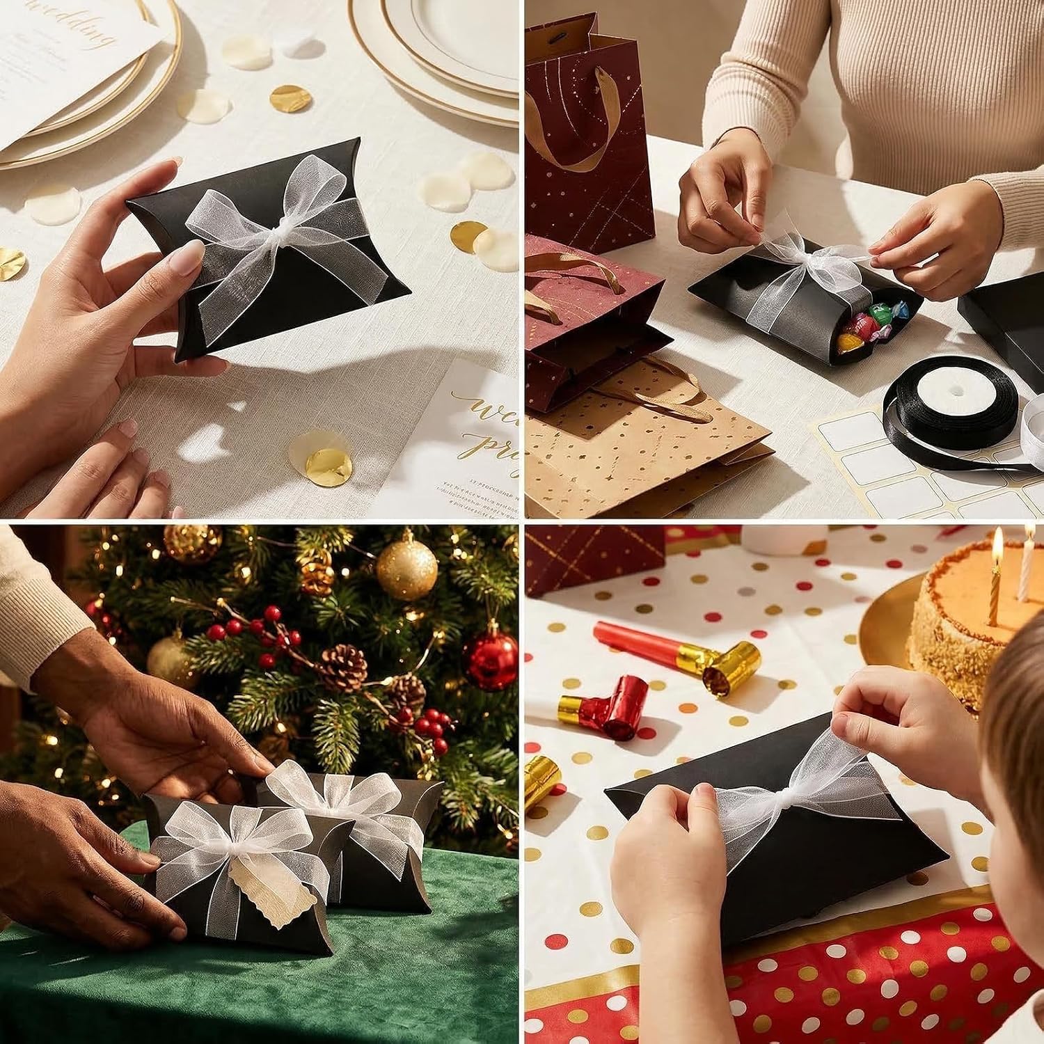 Pack of 50 Black Cushion Gift Boxes 9 x 6.5 x 2.4 cm Folded Size Paper Candy Treat Boxes with Ribbon for Wedding Birthday Party Favour Jewellery and Small Gift Packaging – Bild 7