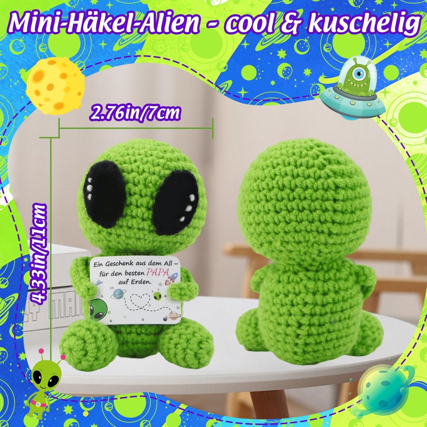 Original Dad Gift & Birthday Gift for Dad from Space, Hand Crocheted Green Alien Plush with Card "Besten Papa auf Erden", Funny Father's Day Gift, Cute & Unique – Bild 5