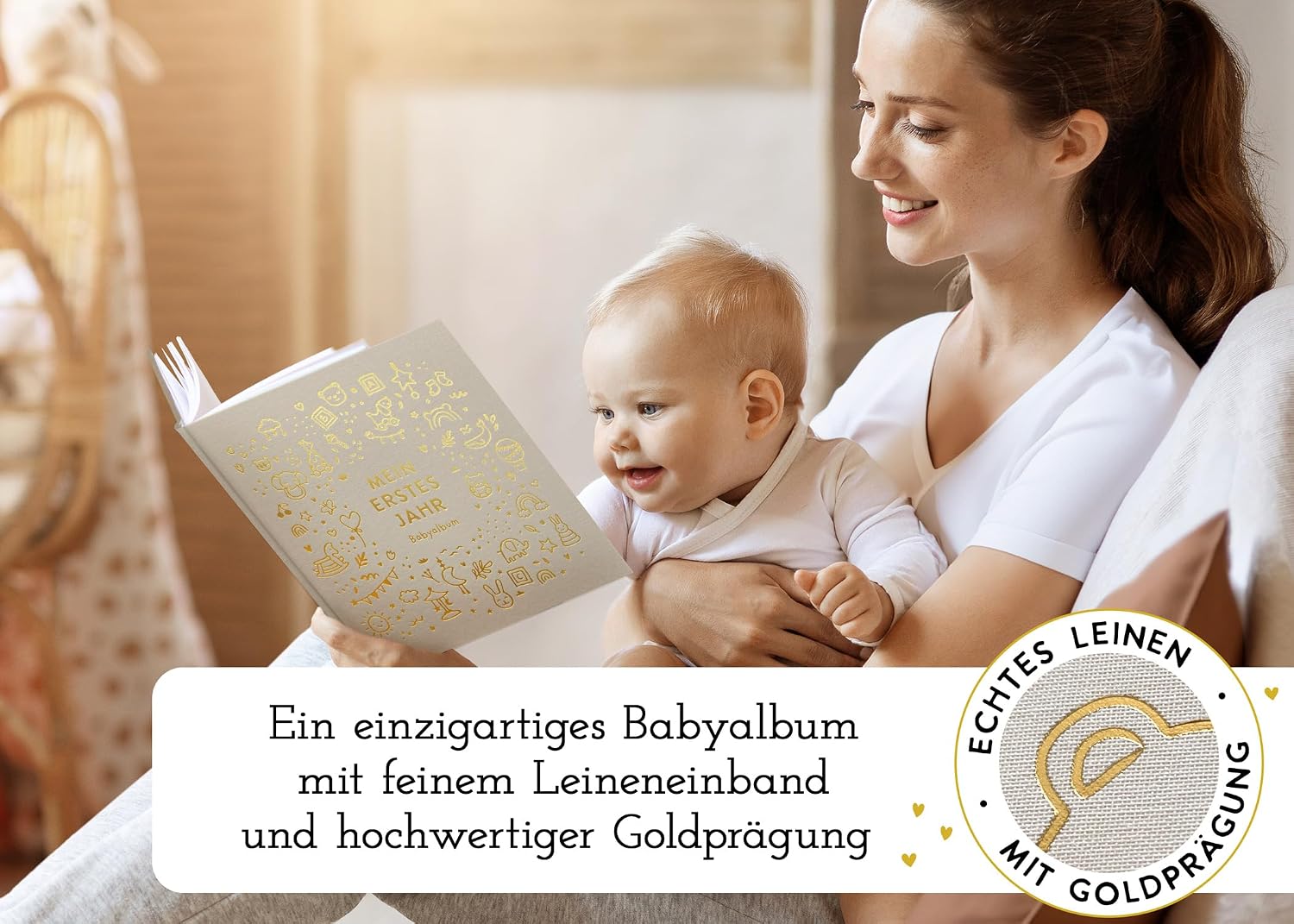 My First Year Baby Album - High-Quality Linen Book with Gold Embossing for the Most Beautiful Memories - Baby Book to Enter for the First Year of Life - Baby Gift for Birth (Toy Nature) – Bild 2