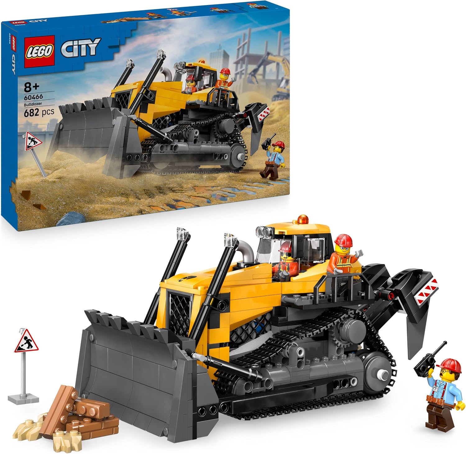 LEGO City Yellow Bulldozer Set - Toy Construction Site, Construction and Play Set - Realistic Construction Machine with Driver and 2 Construction Workers - Gift Idea for Children from 8 Years - 60466