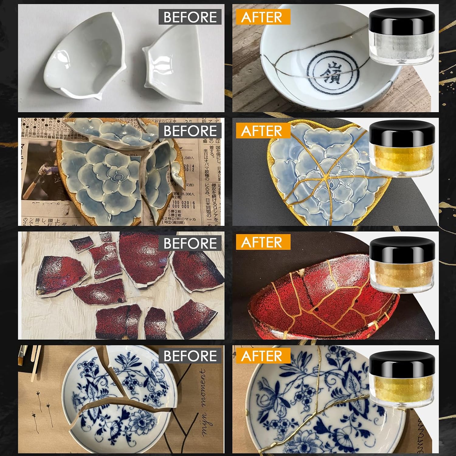 Kintsugi Repair Set - Food-Grade Porcelain Glue & Ceramic Repair Kit in Gold - Gold Glue for Ceramics, Porcelain, Glass, Jade & Sculptures - Japanese Kintsugi Art for Breakage Points – Bild 3