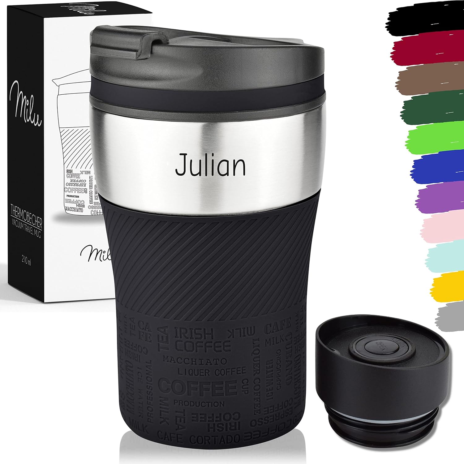 Milu Thermal Mug with Engraving, 210 ml, Gift Idea, Personalised Gift with Name, Father's Day for Men, Women, Mum, Dad, Girlfriend (210 ml, Black)