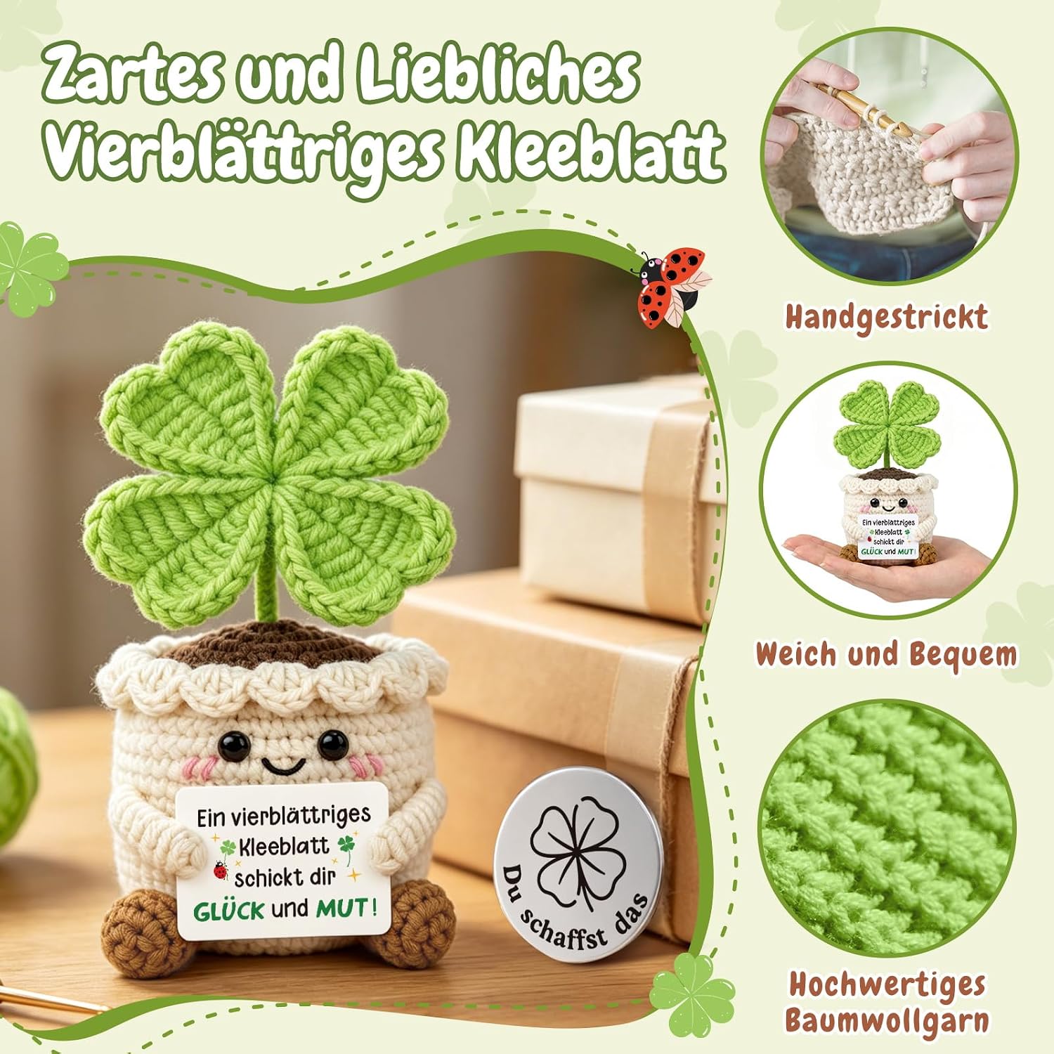 Lucky Charm Pocket Hug Positive Crochet Clover with Coins – Bild 5